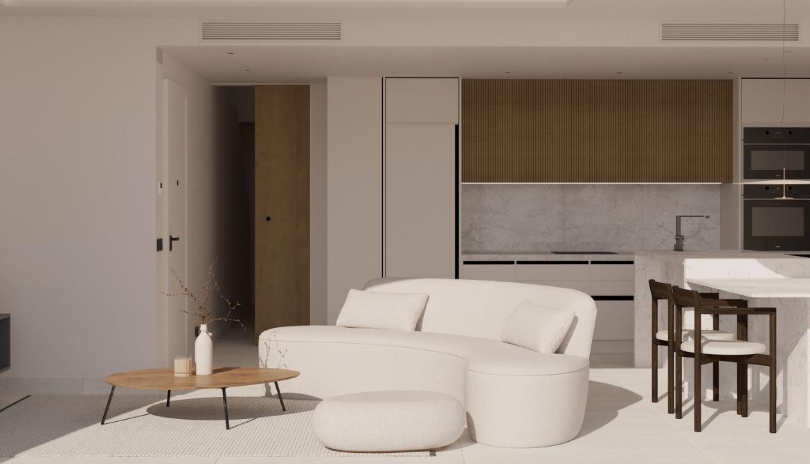 Bright and modern open-plan living and dining area in new build ground floor apartment with sea views in La Mata, Torrevieja
