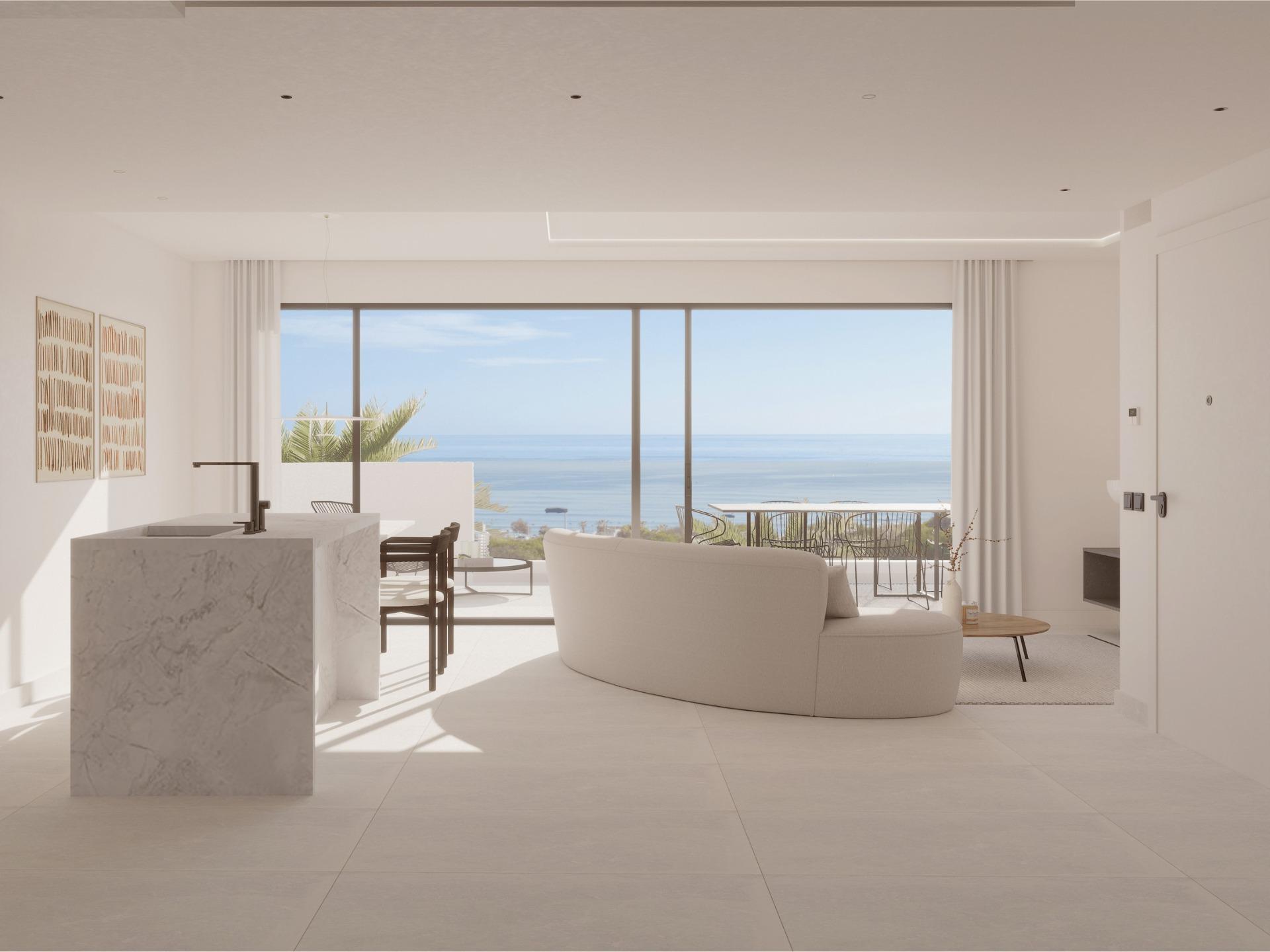 Sun-drenched modern ground floor apartment in La Mata, Torrevieja with elegant open-plan living and panoramic sea views