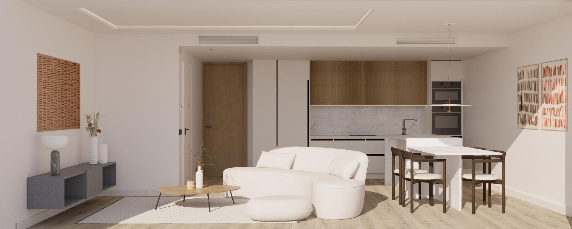 Bright modern open-plan living and dining area in luxury top floor apartment with sea views in La Mata, Torrevieja
