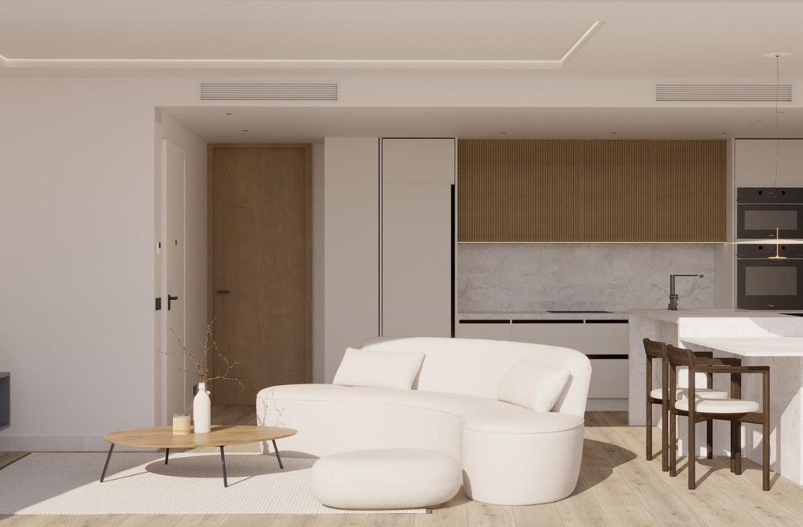 Bright and spacious open-plan living area in exclusive ground floor apartment with sleek kitchen in La Mata, Torrevieja