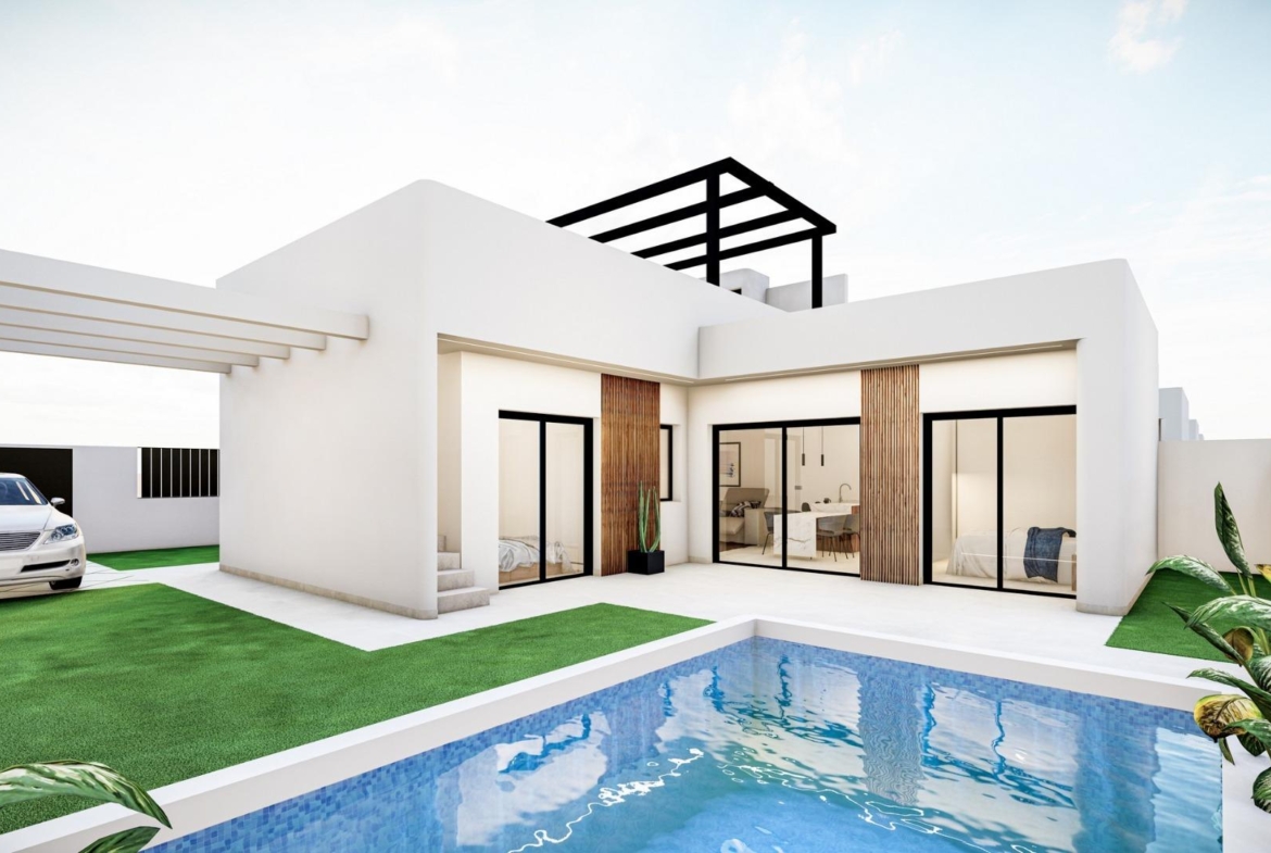 Modern Mediterranean single-storey villa in Roldán with private pool, sleek white façade, wood accents, and spacious open terrace.
