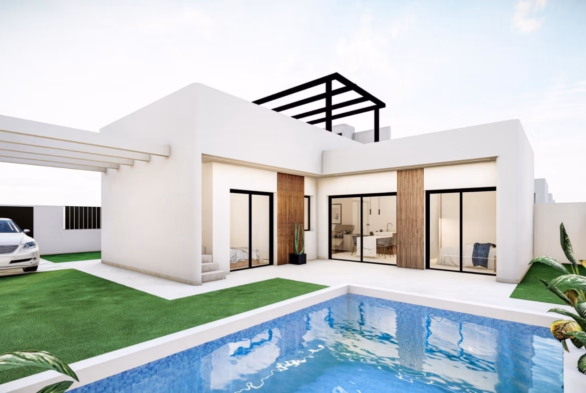 Modern Mediterranean single-storey villa in Roldán with private pool, sleek white façade, wood accents, and spacious open terrace.