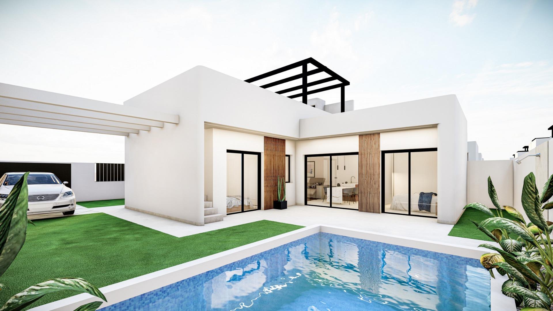 Modern Mediterranean single-storey villa in Roldán with private pool, sleek white façade, wood accents, and spacious open terrace.
