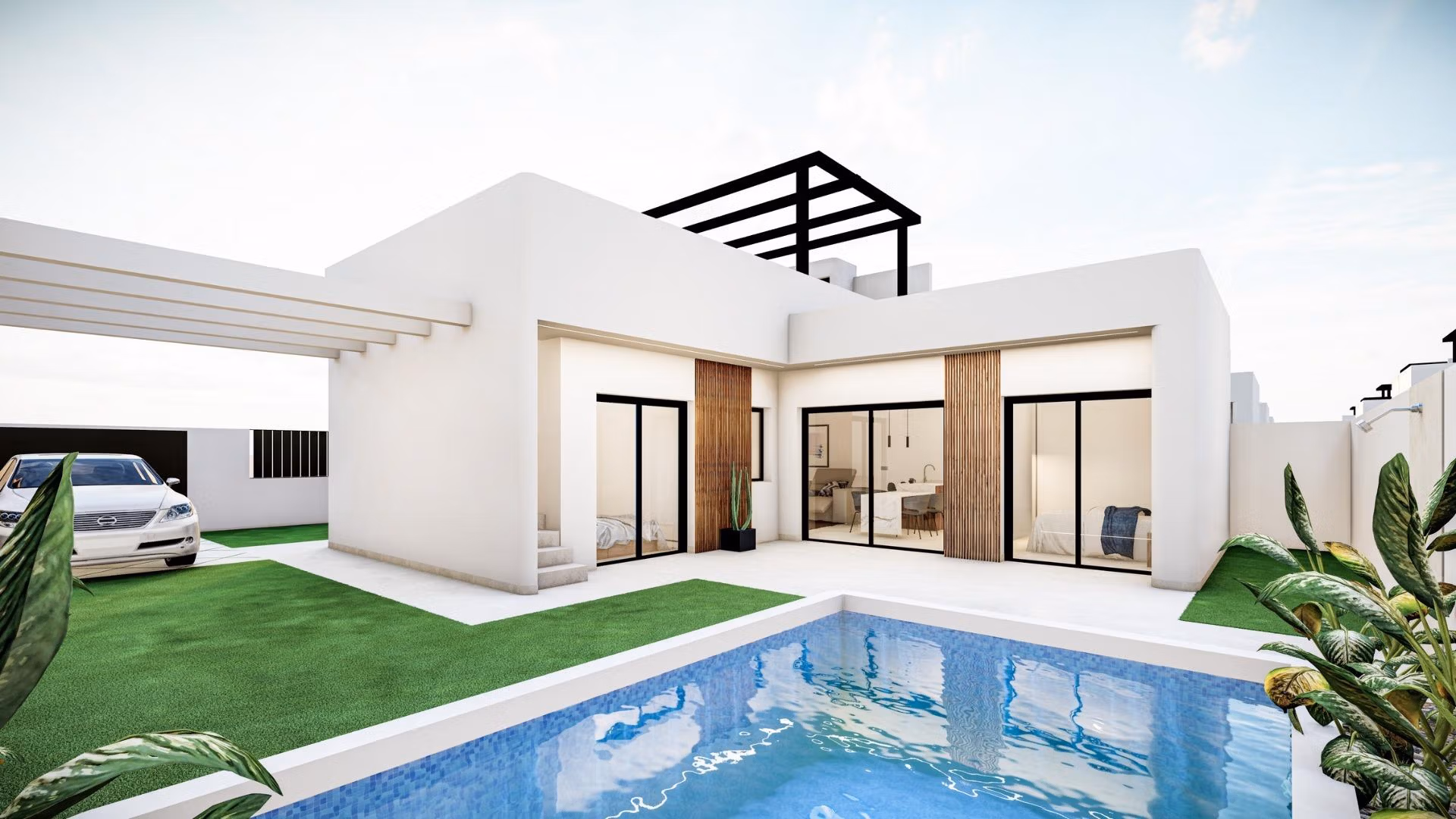 Modern Mediterranean single-storey villa in Roldán with private pool, sleek white façade, wood accents, and spacious open terrace.