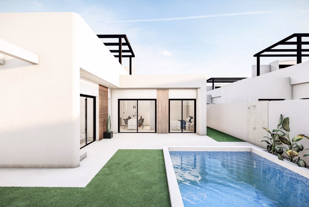 Modern Mediterranean single-storey villa in Roldán with a sleek private pool and sunlit minimalist exterior terrace.