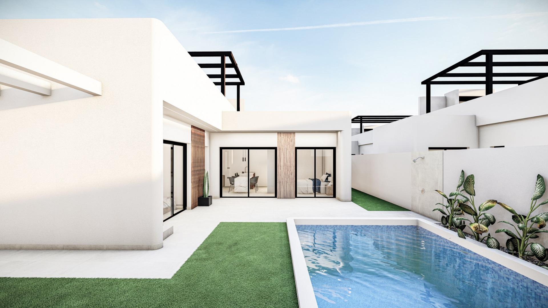 Modern Mediterranean single-storey villa in Roldán with a sleek private pool and sunlit minimalist exterior terrace.