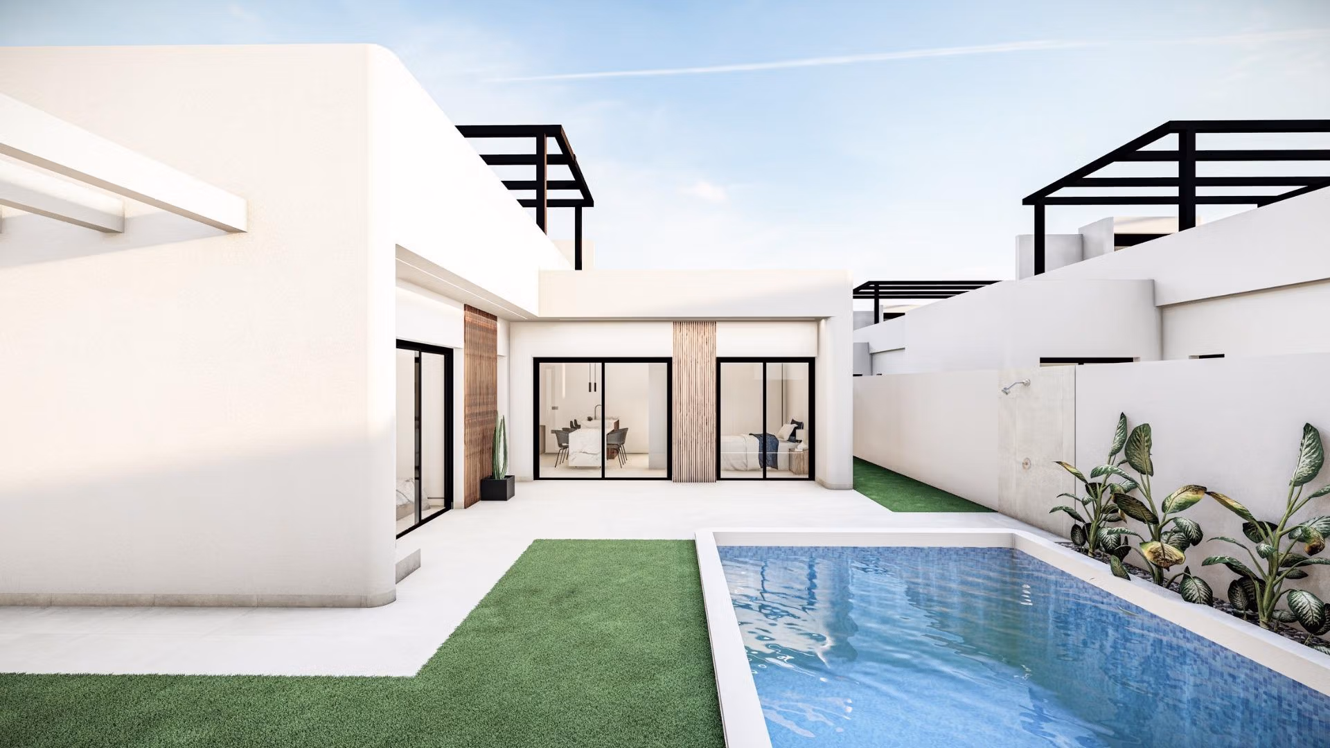 Modern Mediterranean single-storey villa in Roldán with a sleek private pool and sunlit minimalist exterior terrace.