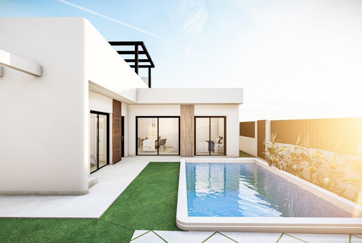 Sun-drenched Mediterranean new build single-storey villa with sleek private pool and landscaped terrace in Roldán, Torre-Pacheco.