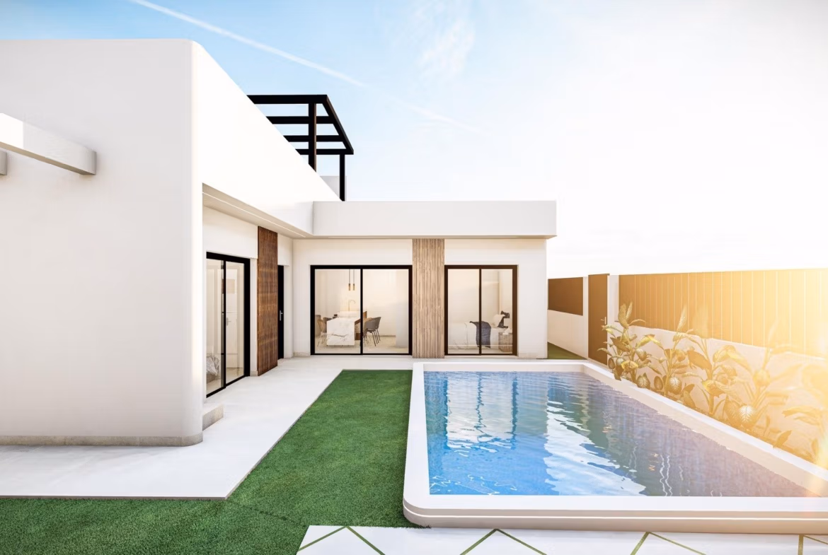 Sun-drenched Mediterranean new build single-storey villa with sleek private pool and landscaped terrace in Roldán, Torre-Pacheco.