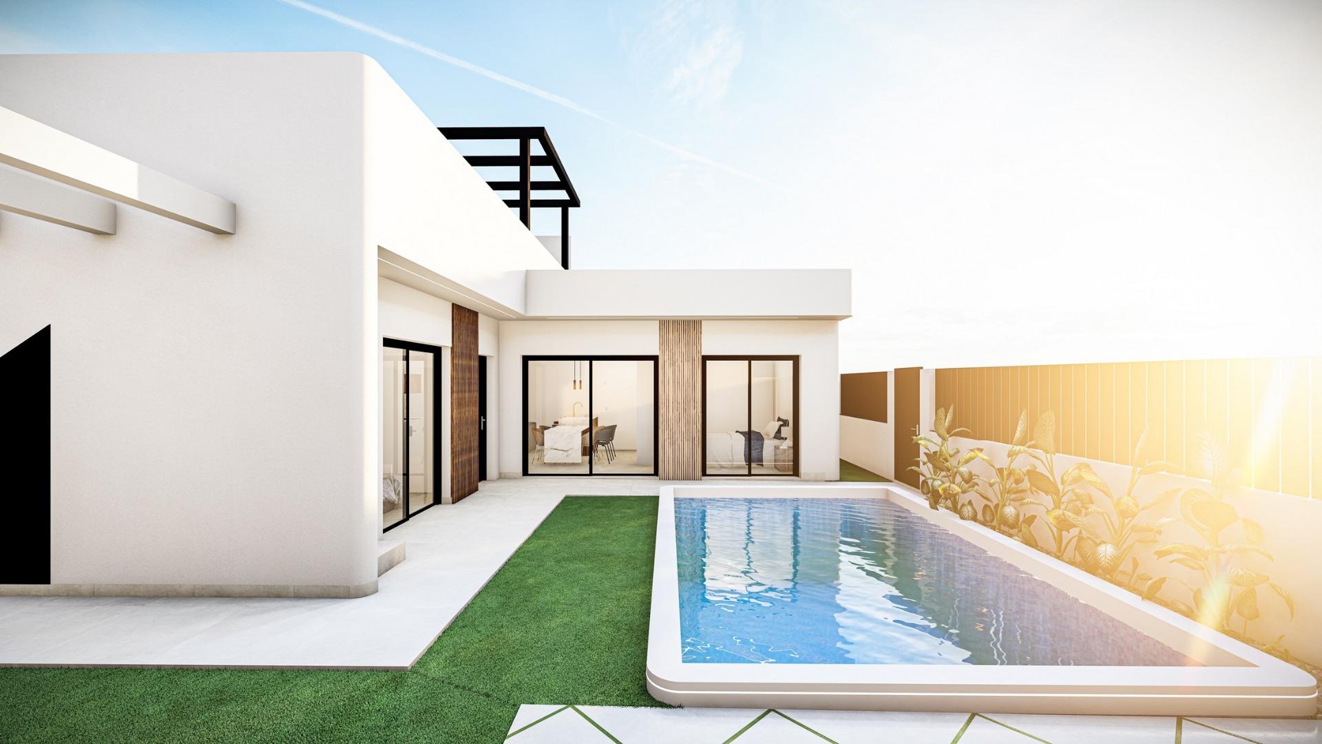 Sun-drenched Mediterranean new build single-storey villa with sleek private pool and landscaped terrace in Roldán, Torre-Pacheco.