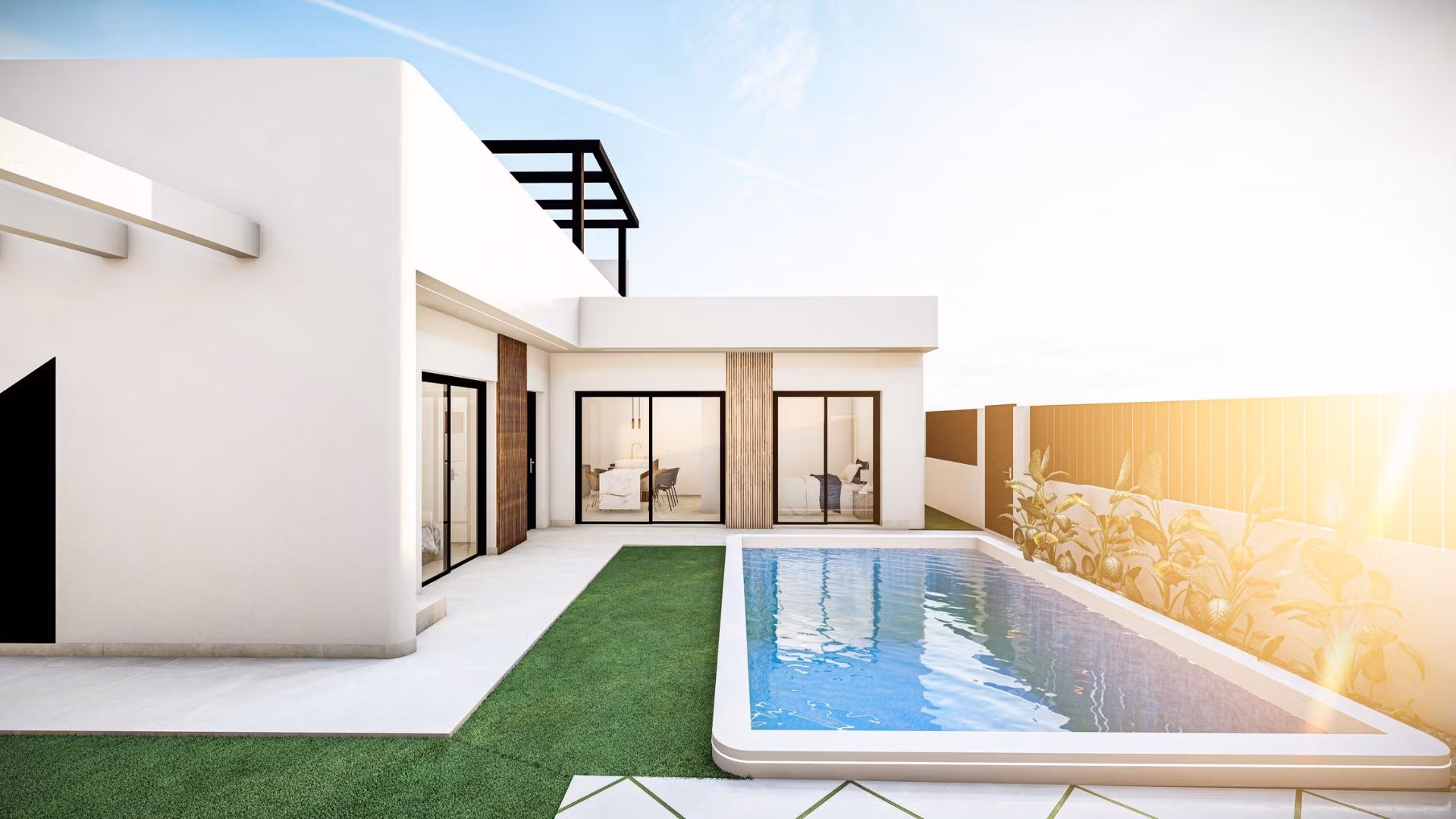 Sun-drenched Mediterranean new build single-storey villa with sleek private pool and landscaped terrace in Roldán, Torre-Pacheco.