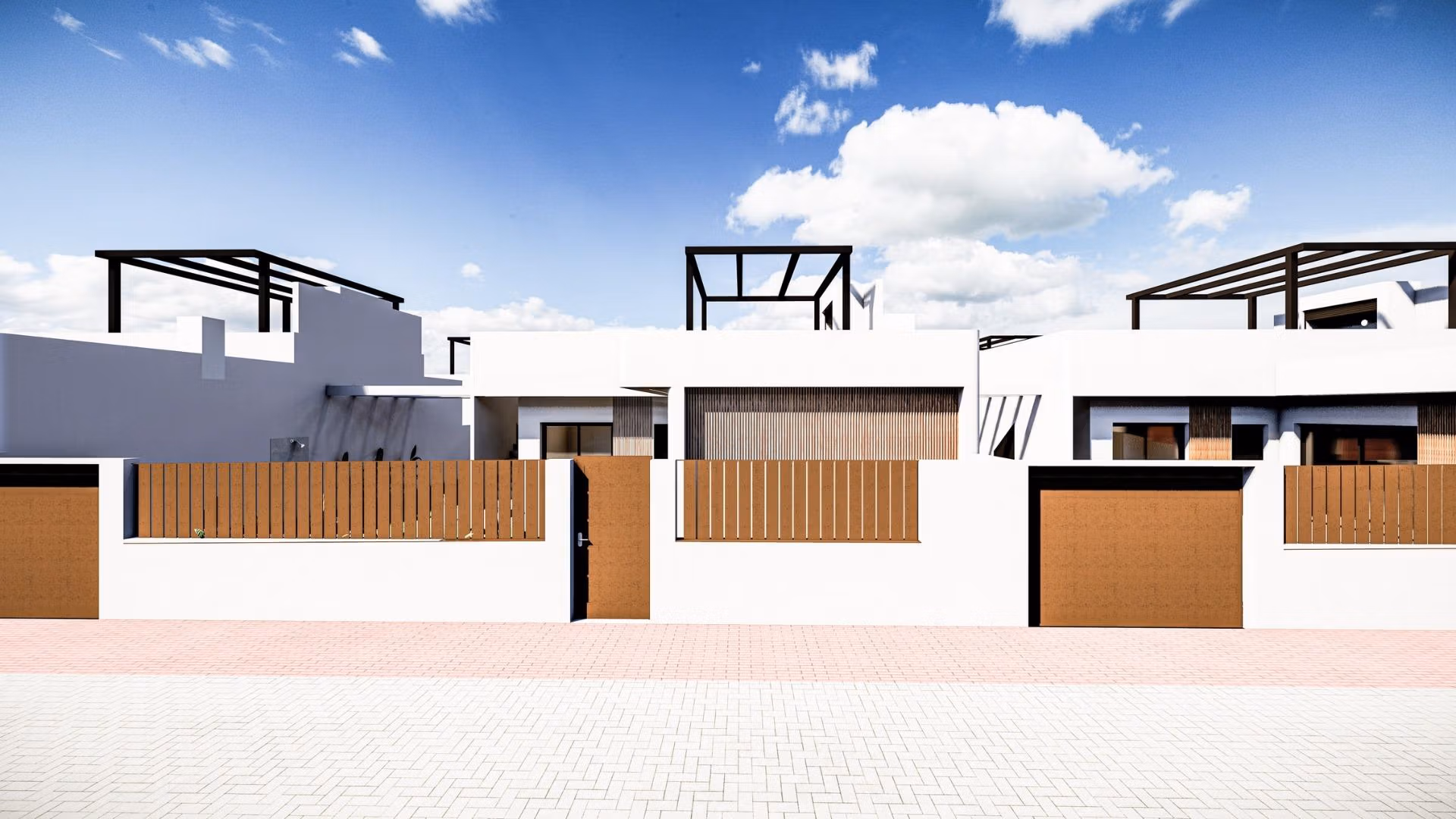 Modern Mediterranean single-storey villa exterior with sleek white walls and wood accents in sunlit Roldán, Torre-Pacheco.