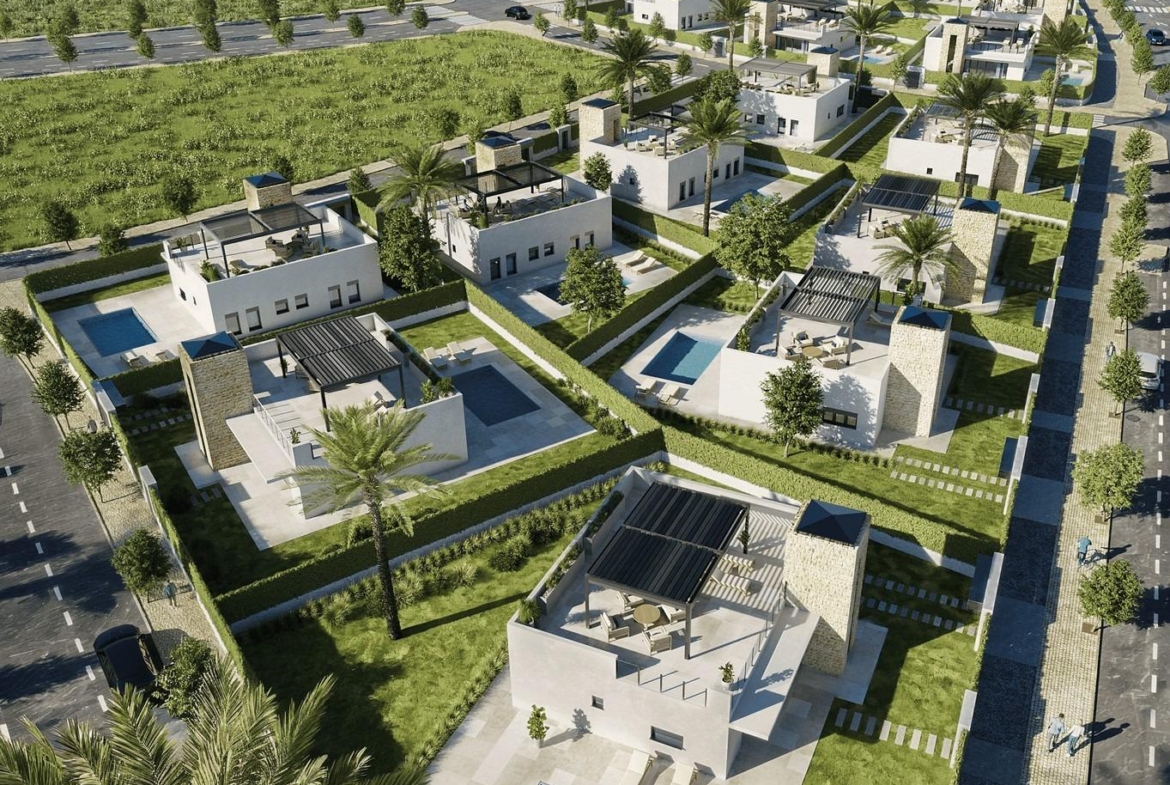 Aerial view of elegant new build single-storey villas with private pools and landscaped gardens in sunlit Lorca, Costa Cálida.