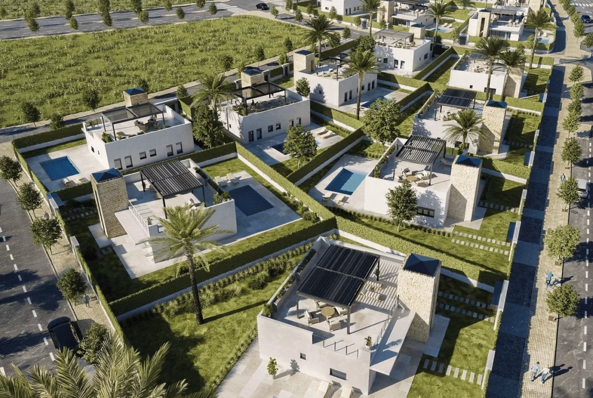 Costa Cálida Aerial view of elegant new build single-storey villas with private pools and landscaped gardens in sunlit Lorca, Costa Cálida.