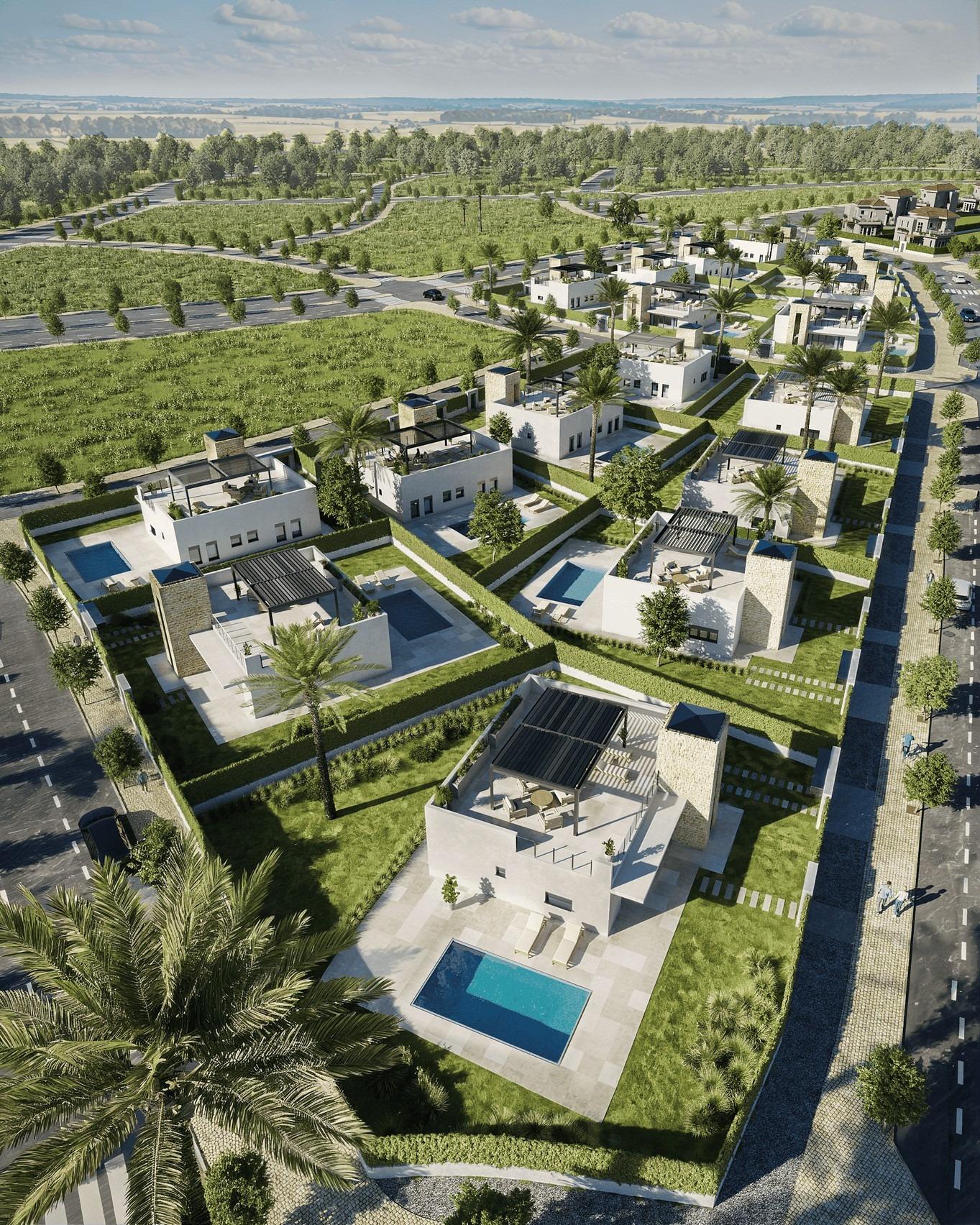 Aerial view of elegant new build single-storey villas with private pools and landscaped gardens in sunlit Lorca, Costa Cálida.