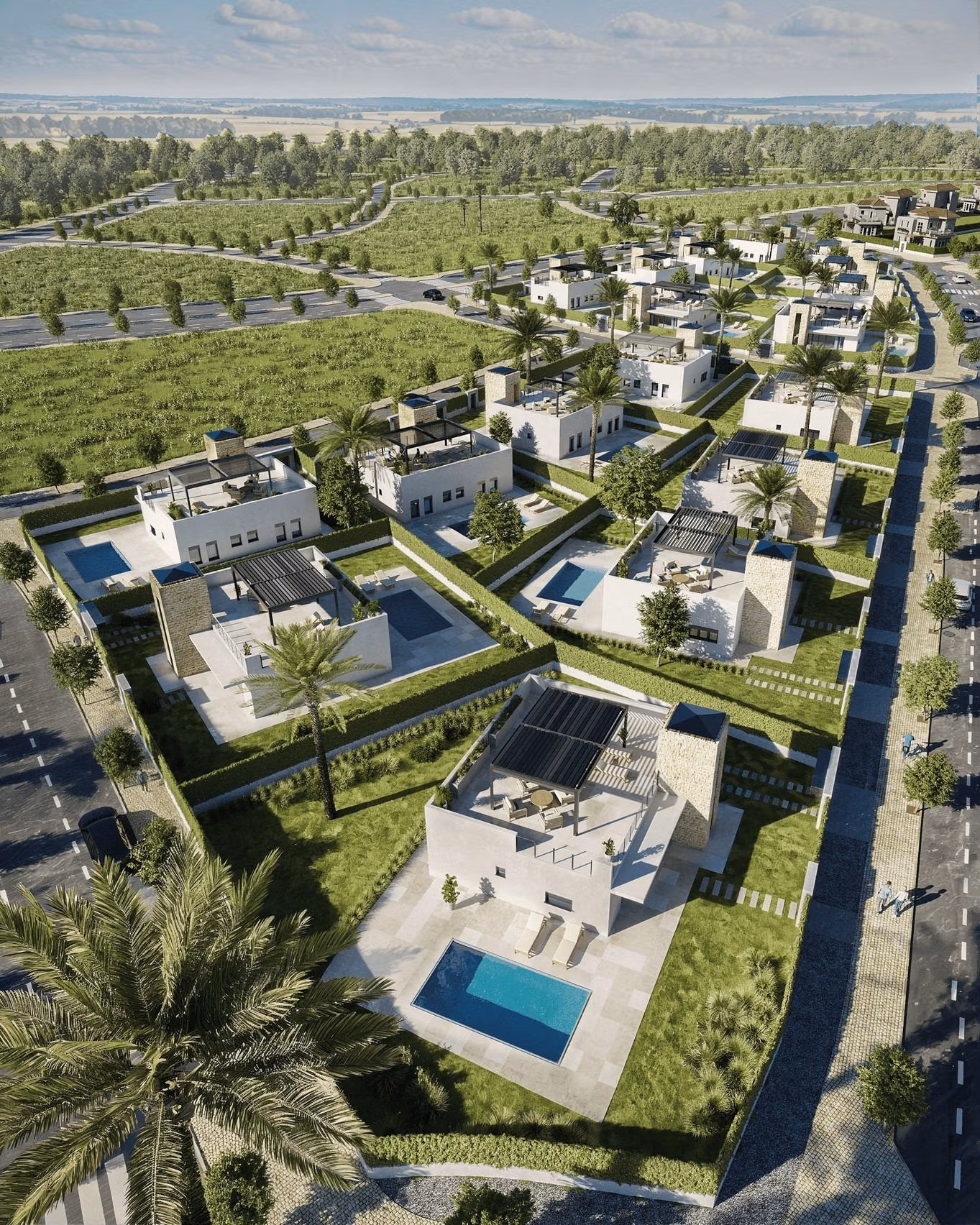 Costa Cálida Aerial view of elegant new build single-storey villas with private pools and landscaped gardens in sunlit Lorca, Costa Cálida.
