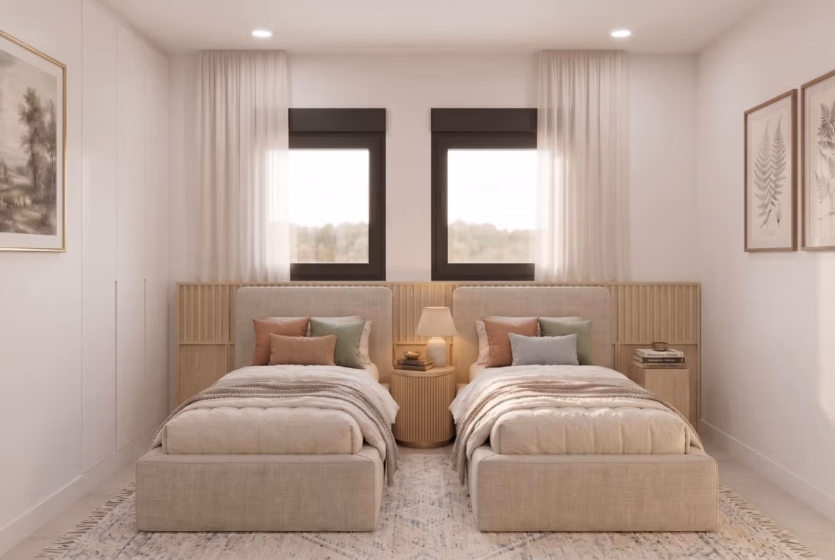 New-Build-Mediterranean-Villas-on-Large-Plots-in-Lorca-Costa-Calida-10 Bright, elegant twin bedroom with plush bedding, soft natural light, and tasteful artwork in a single-storey villa in Lorca, Costa Cálida.