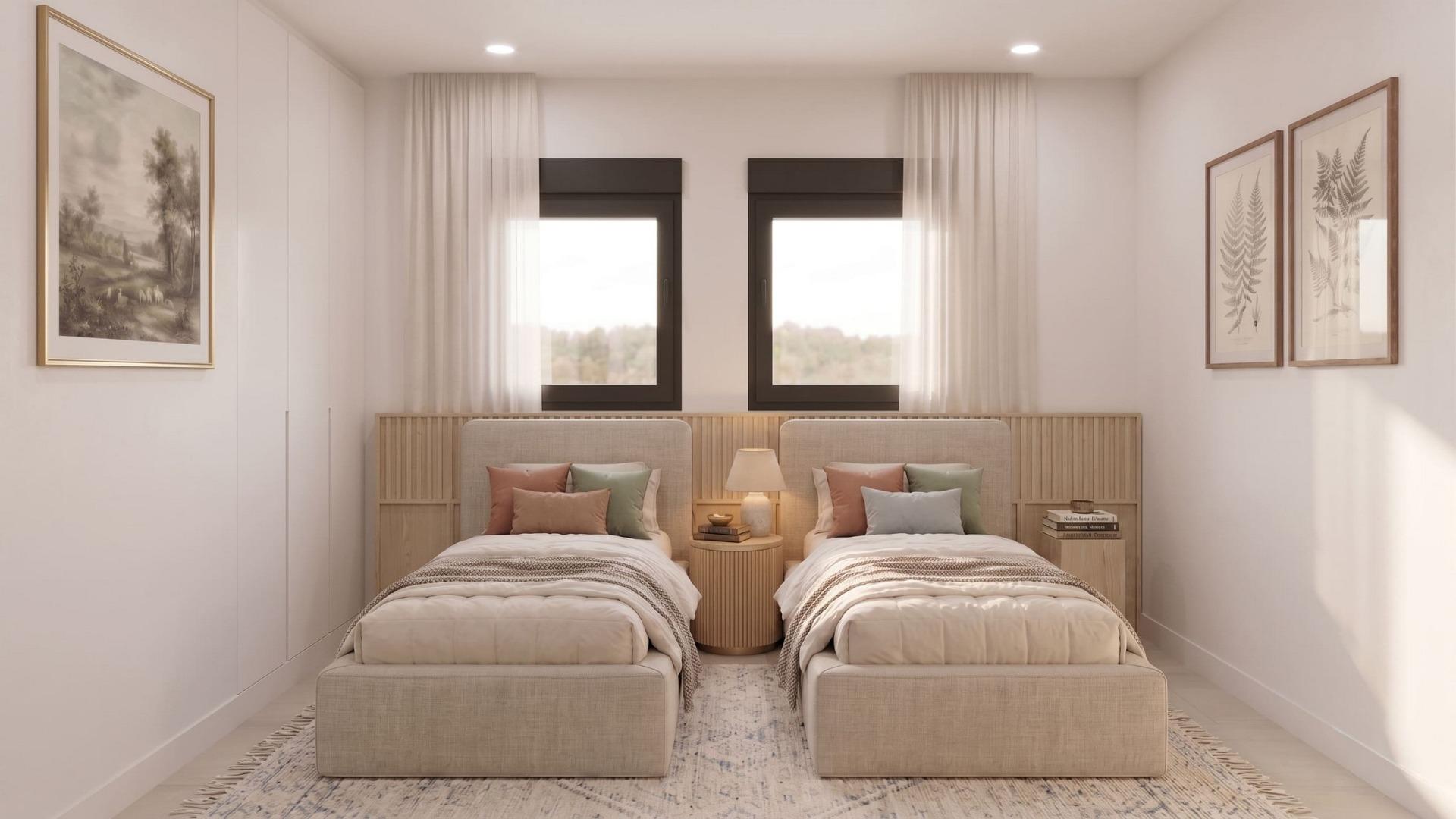 Bright, elegant twin bedroom with plush bedding, soft natural light, and tasteful artwork in a single-storey villa in Lorca, Costa Cálida.