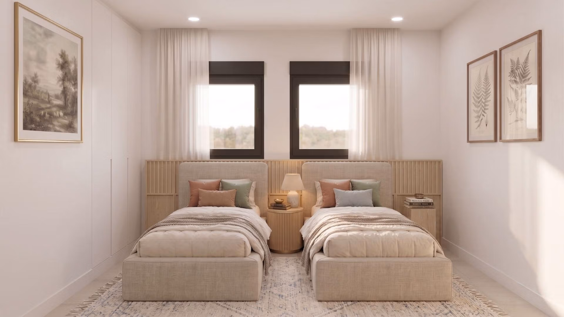 New-Build-Mediterranean-Villas-on-Large-Plots-in-Lorca-Costa-Calida-10 Bright, elegant twin bedroom with plush bedding, soft natural light, and tasteful artwork in a single-storey villa in Lorca, Costa Cálida.