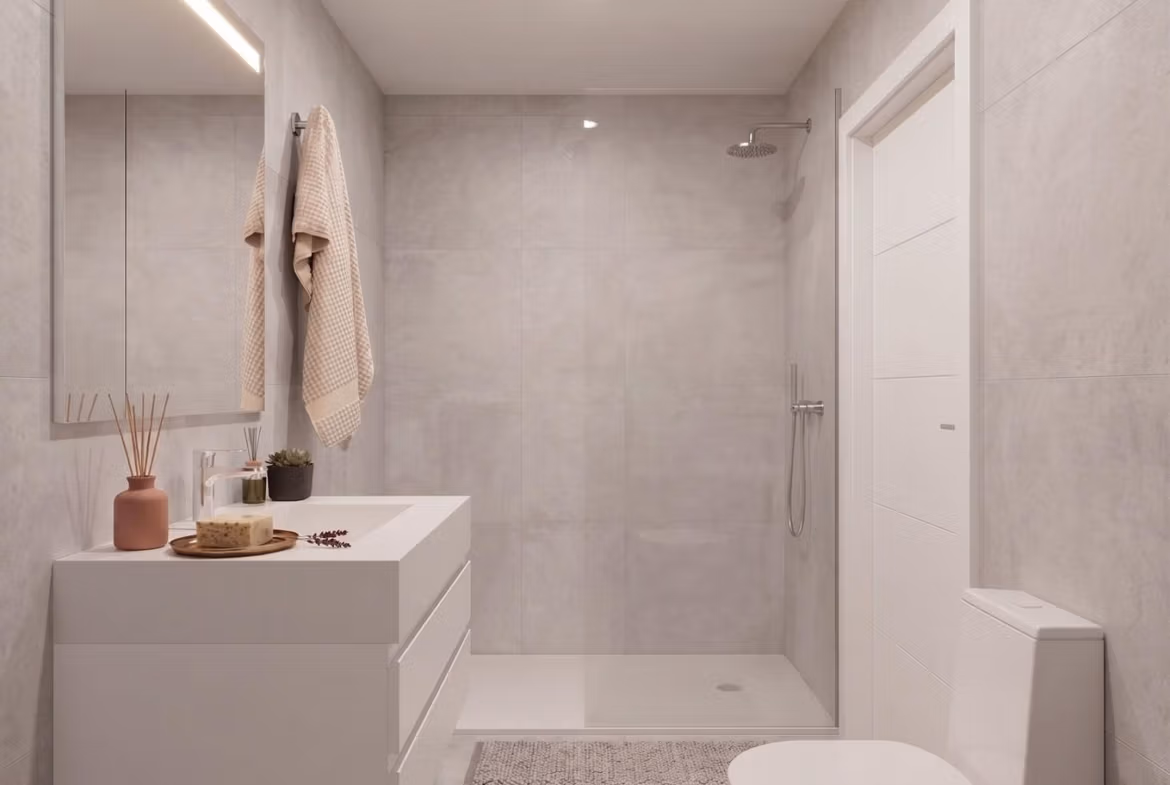 New-Build-Mediterranean-Villas-on-Large-Plots-in-Lorca-Costa-Calida-11 Minimalist, bright bathroom with modern fixtures in elegant new build single-storey villa in Lorca, Costa Cálida.