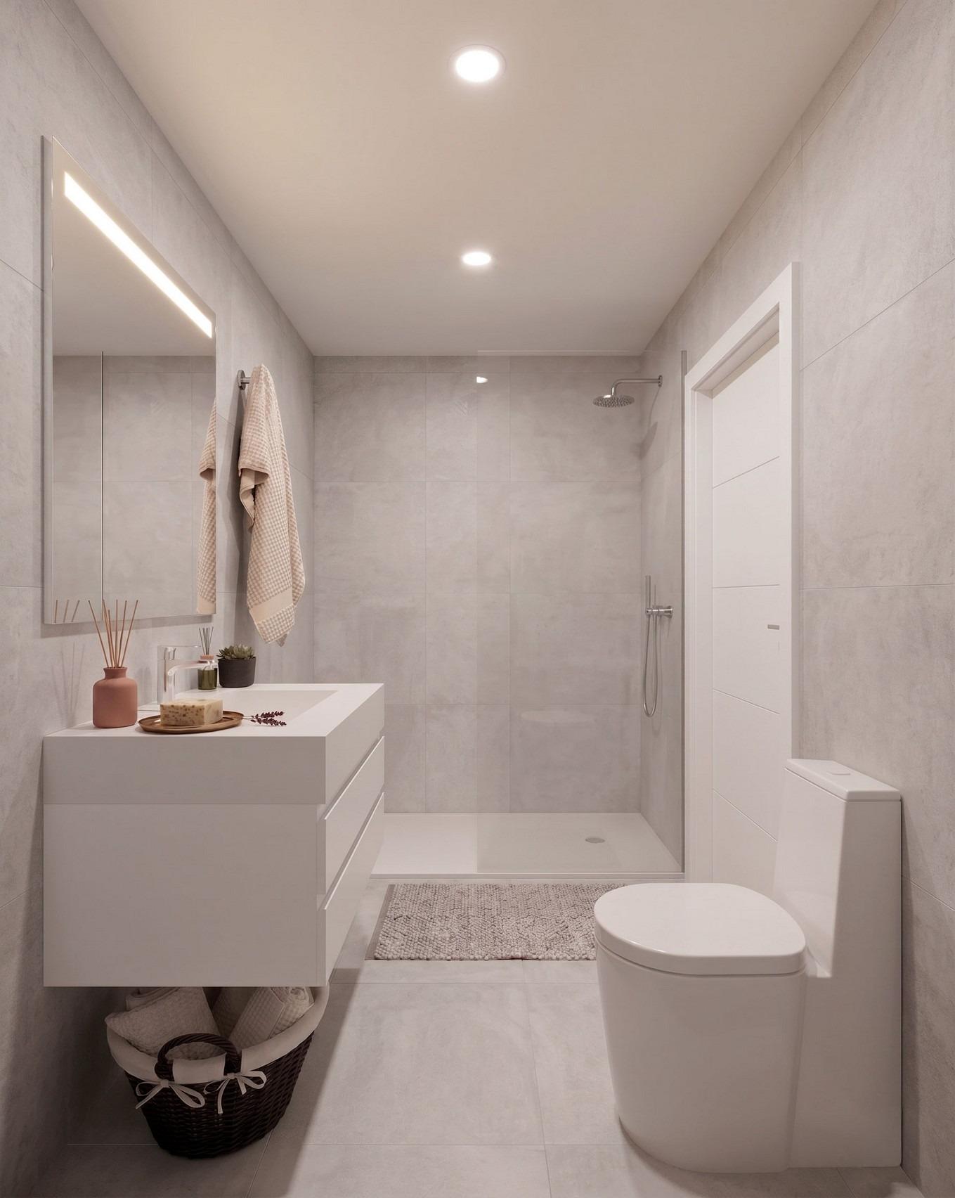 Minimalist, bright bathroom with modern fixtures in elegant new build single-storey villa in Lorca, Costa Cálida.