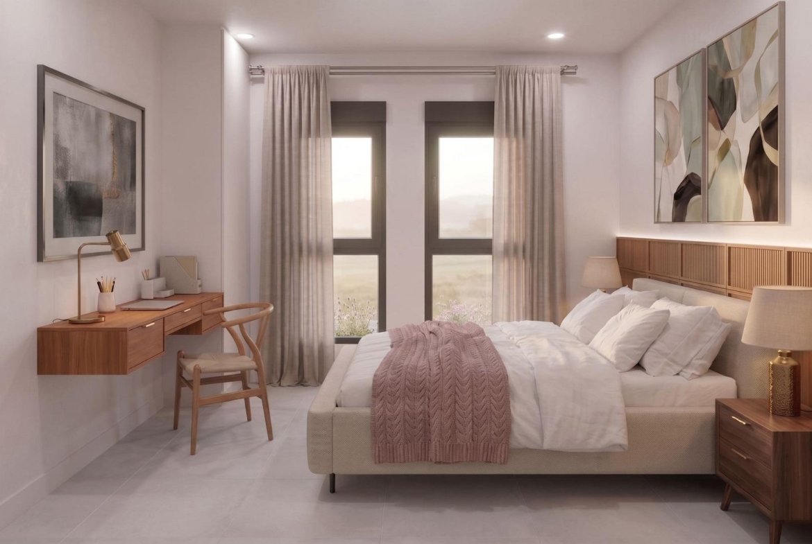 Bright and elegant bedroom with modern decor and soft textiles in a new single-storey villa in Lorca, Costa Cálida