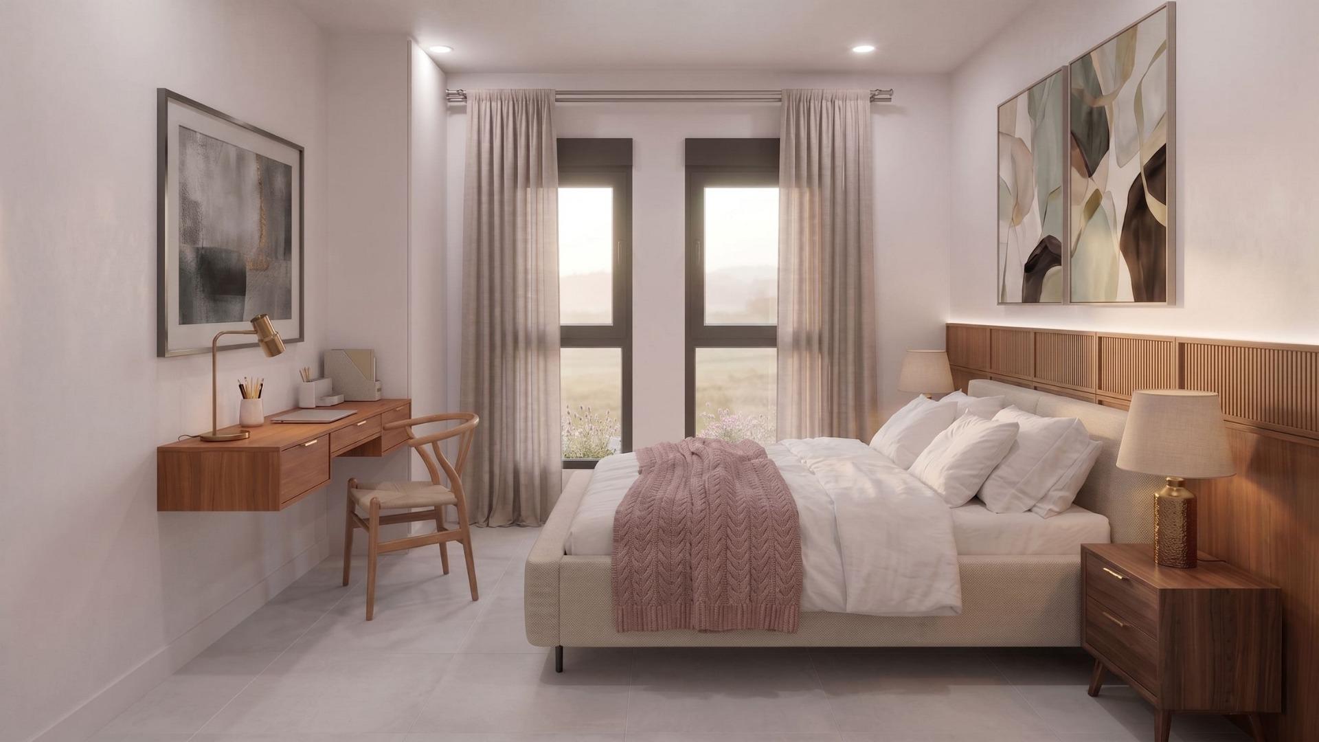 Bright and elegant bedroom with modern decor and soft textiles in a new single-storey villa in Lorca, Costa Cálida