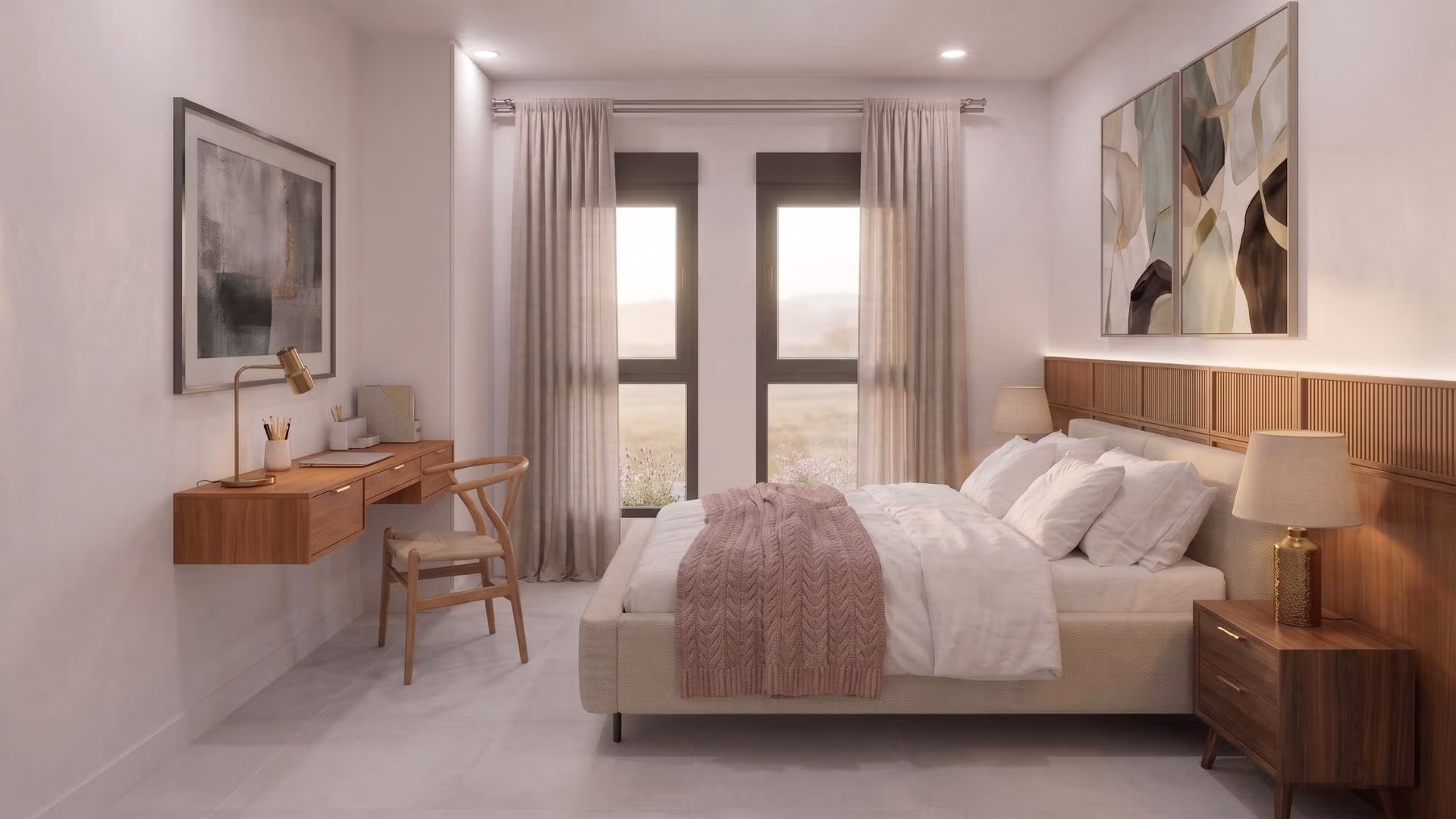 New-Build-Mediterranean-Villas-on-Large-Plots-in-Lorca-Costa-Calida-12 Bright and elegant bedroom with modern decor and soft textiles in a new single-storey villa in Lorca, Costa Cálida