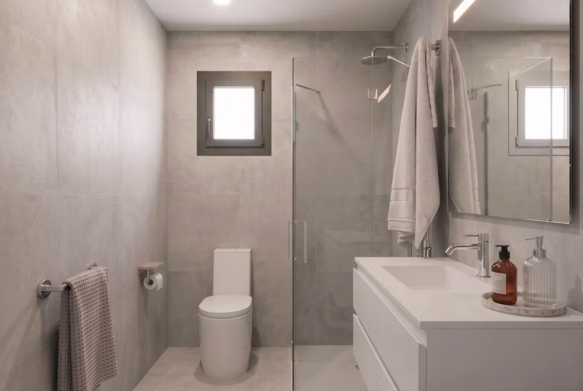 New-Build-Mediterranean-Villas-on-Large-Plots-in-Lorca-Costa-Calida-13 Modern, minimalist bathroom with sleek fixtures and walk-in shower in elegant new build single-storey villa in Lorca, Costa Cálida.