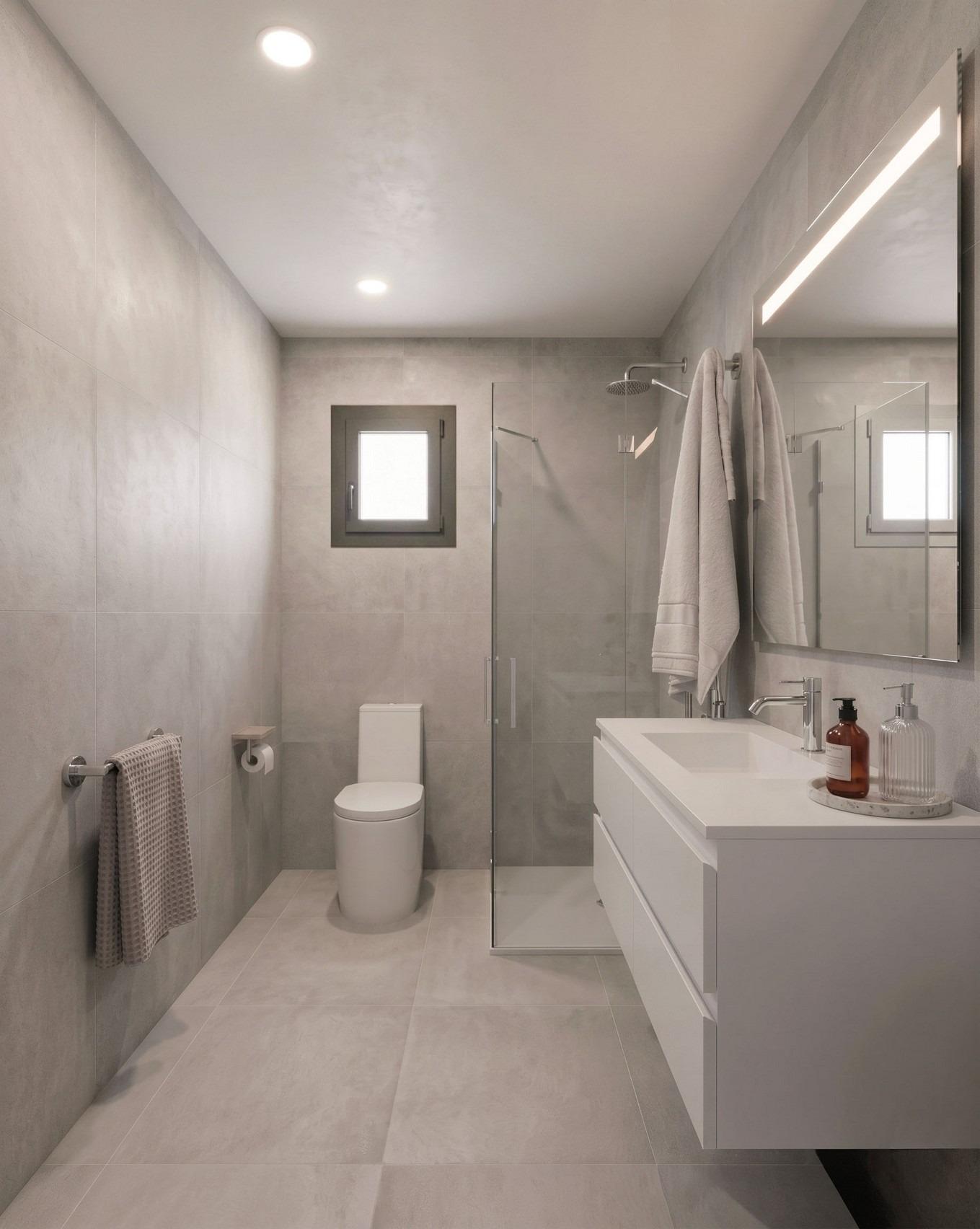 Modern, minimalist bathroom with sleek fixtures and walk-in shower in elegant new build single-storey villa in Lorca, Costa Cálida.