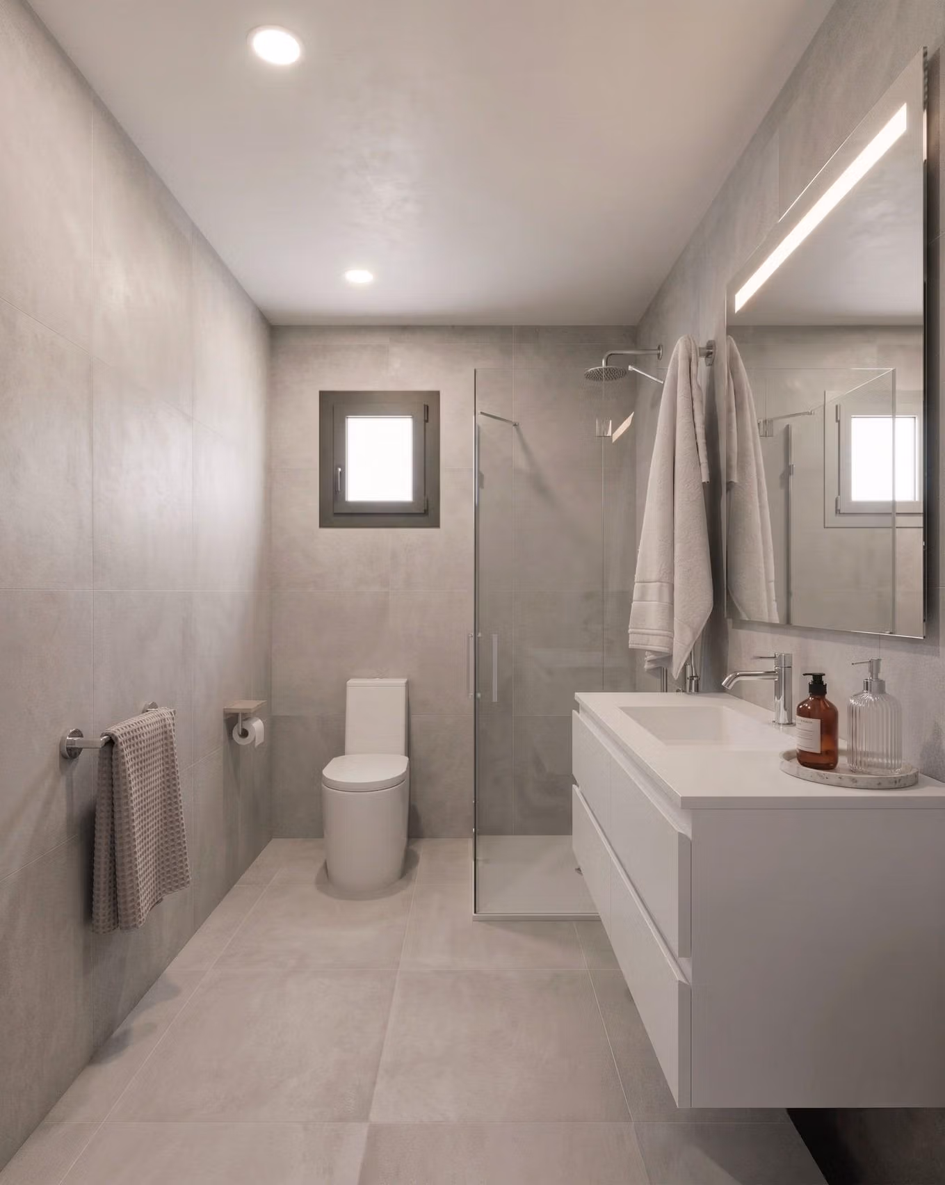 New-Build-Mediterranean-Villas-on-Large-Plots-in-Lorca-Costa-Calida-13 Modern, minimalist bathroom with sleek fixtures and walk-in shower in elegant new build single-storey villa in Lorca, Costa Cálida.