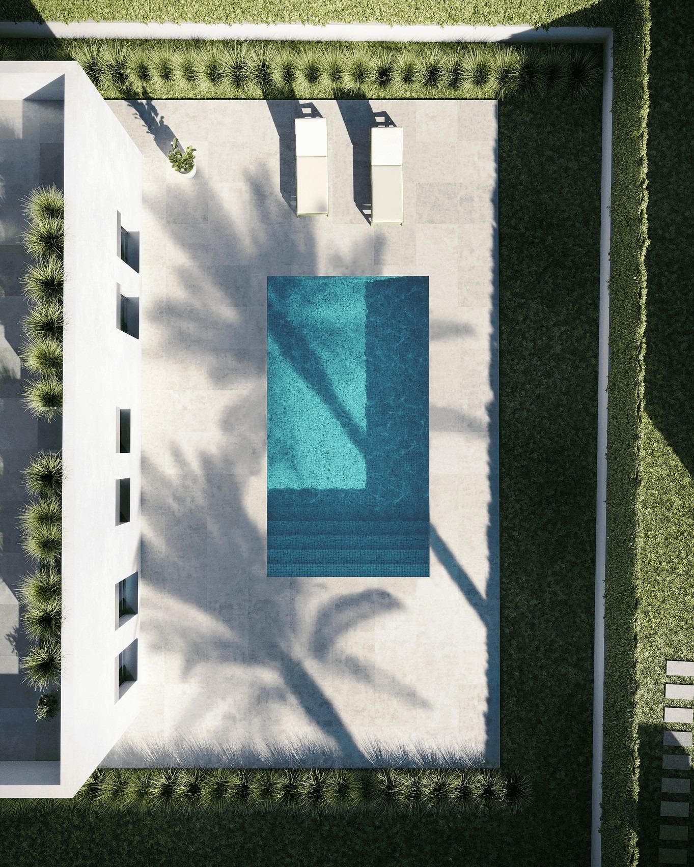 Aerial view of elegant new build single-storey villa with private sparkling pool and sunlit terrace in Lorca, Costa Cálida