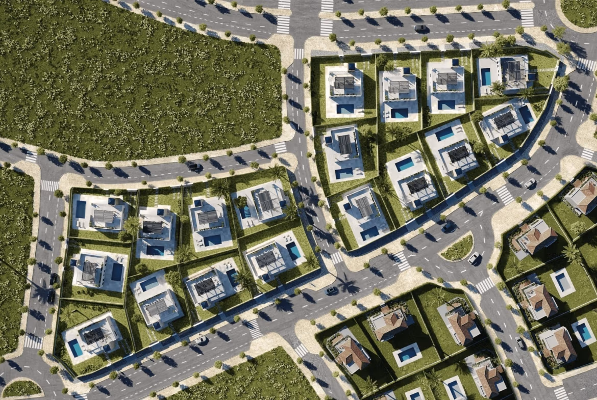 New-Build-Mediterranean-Villas-on-Large-Plots-in-Lorca-Costa-Calida-15 Aerial view of elegant new build single-storey villas with private pools and landscaped gardens in Lorca, Costa Cálida.