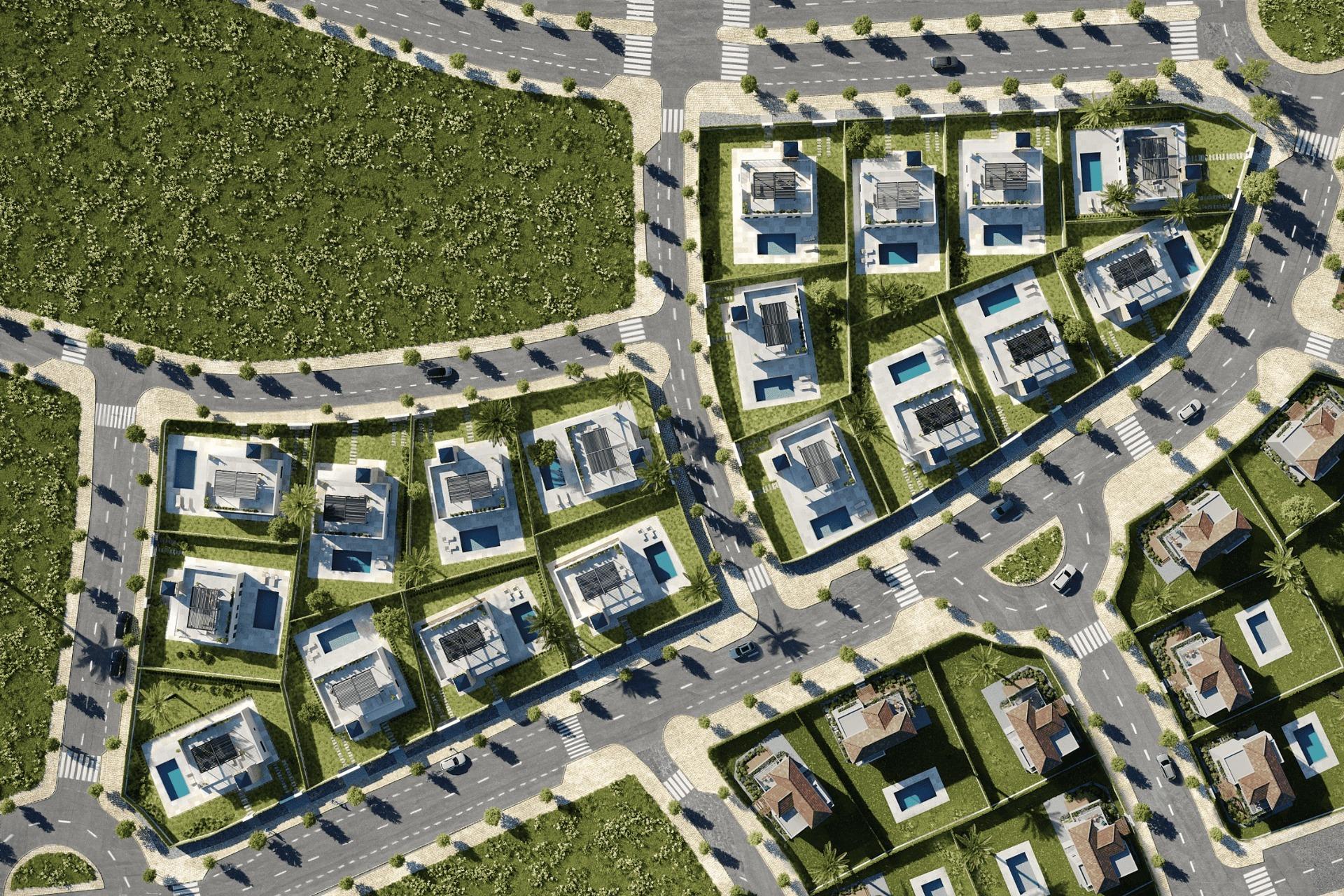 Aerial view of elegant new build single-storey villas with private pools and landscaped gardens in Lorca, Costa Cálida.
