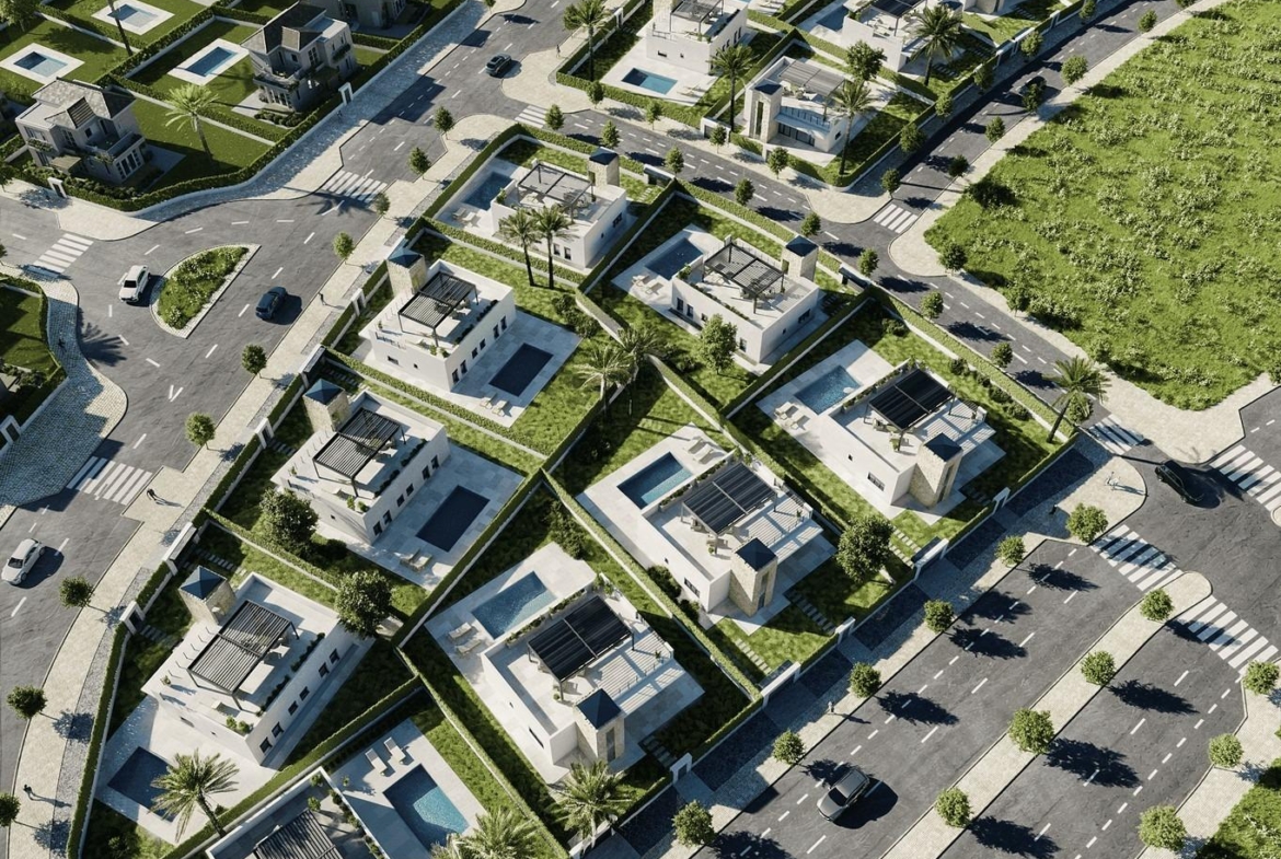 Aerial view of an elegant new build single-storey villa community with private pools and landscaped gardens in Lorca, Costa Cálida