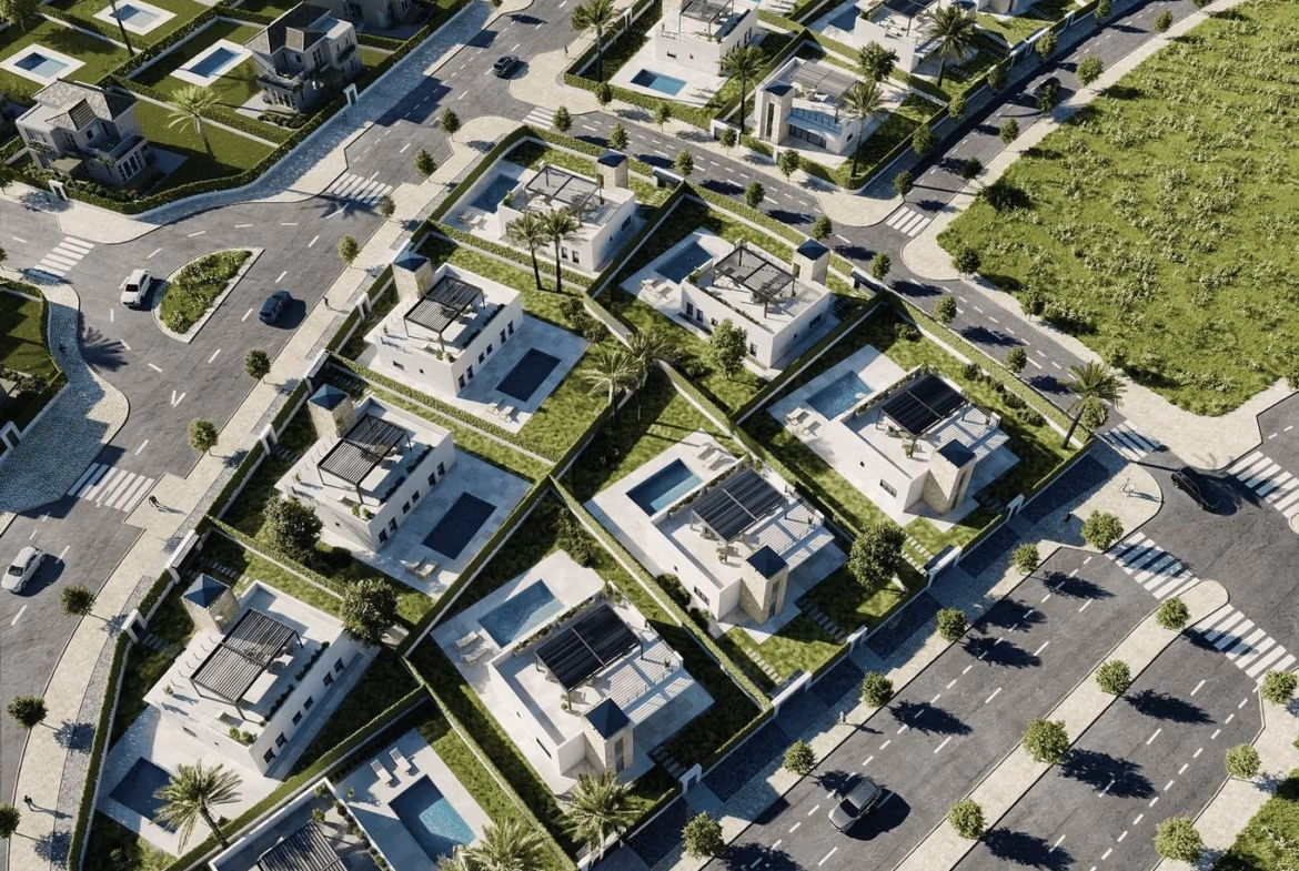 New-Build-Mediterranean-Villas-on-Large-Plots-in-Lorca-Costa-Calida-16 Aerial view of an elegant new build single-storey villa community with private pools and landscaped gardens in Lorca, Costa Cálida