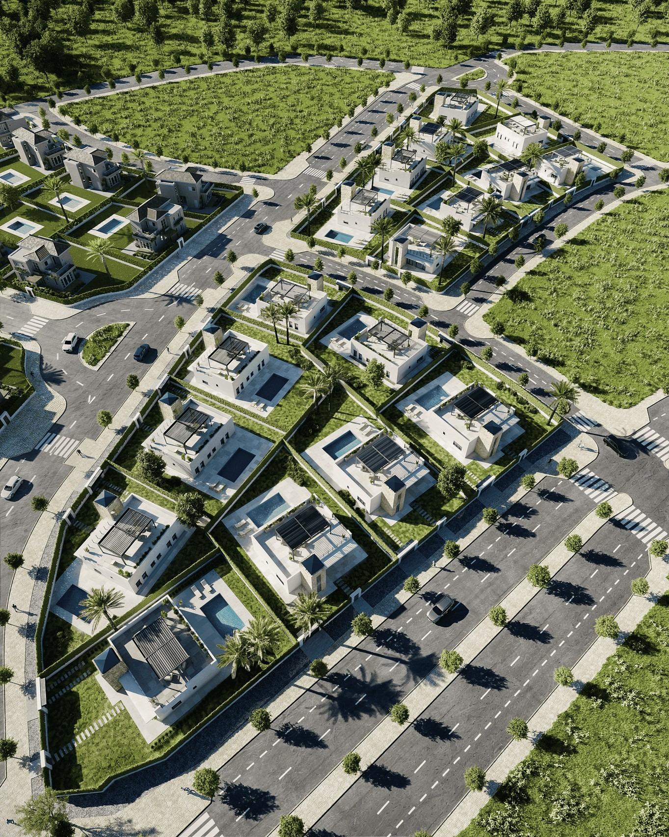 Aerial view of an elegant new build single-storey villa community with private pools and landscaped gardens in Lorca, Costa Cálida