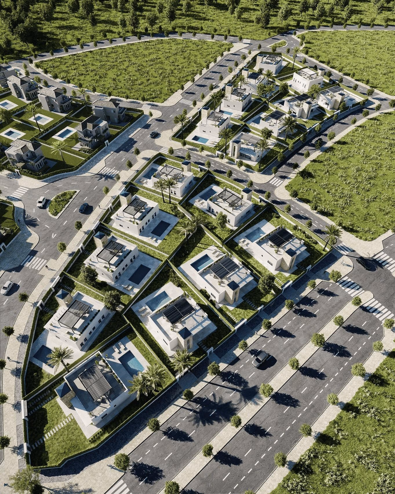 New-Build-Mediterranean-Villas-on-Large-Plots-in-Lorca-Costa-Calida-16 Aerial view of an elegant new build single-storey villa community with private pools and landscaped gardens in Lorca, Costa Cálida