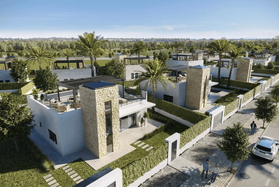 New-Build-Mediterranean-Villas-on-Large-Plots-in-Lorca-Costa-Calida-2 Stunning modern single-storey villa with private pool, landscaped gardens, and elegant stone accents in Lorca, Costa Cálida.