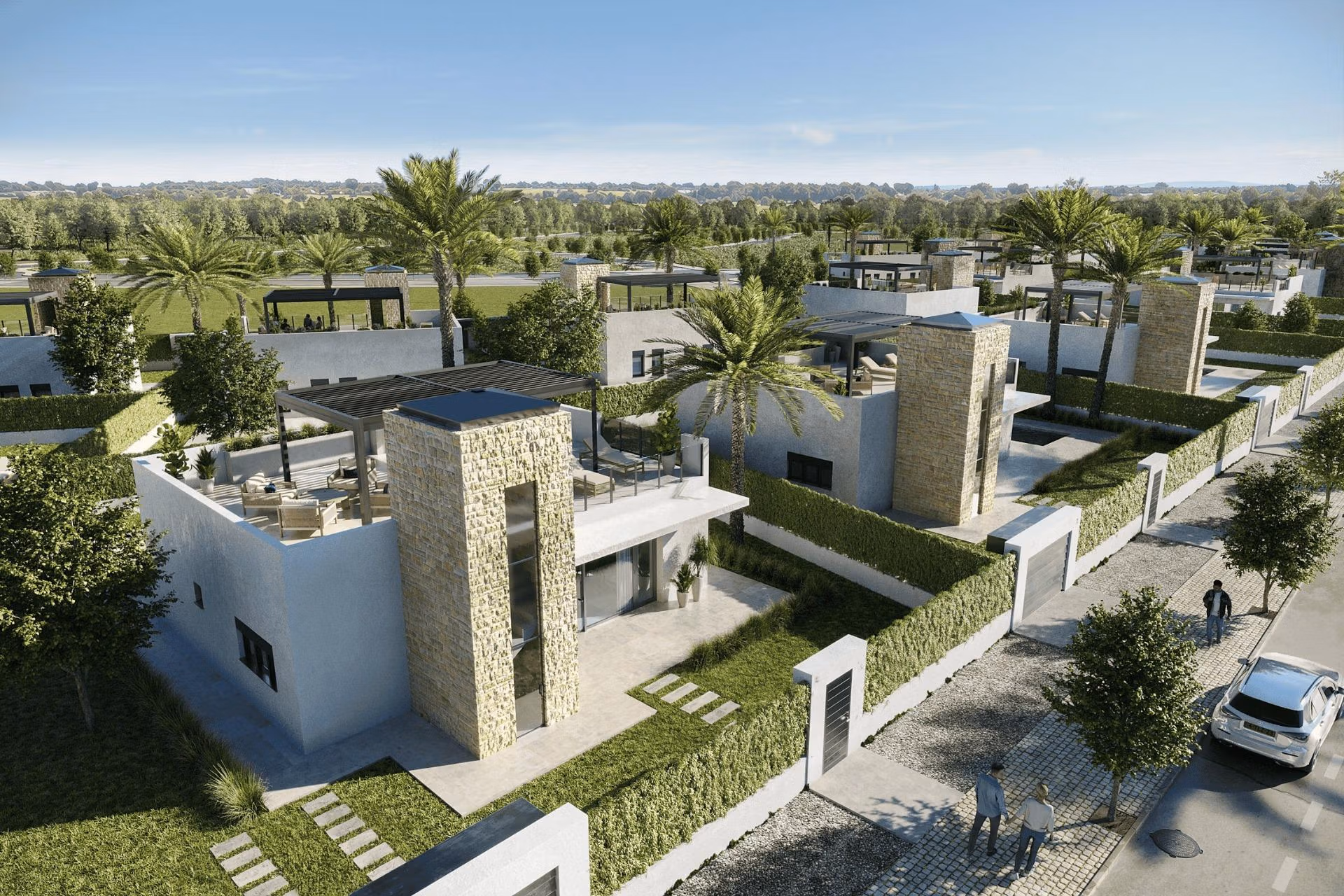 New-Build-Mediterranean-Villas-on-Large-Plots-in-Lorca-Costa-Calida-2 Stunning modern single-storey villa with private pool, landscaped gardens, and elegant stone accents in Lorca, Costa Cálida.