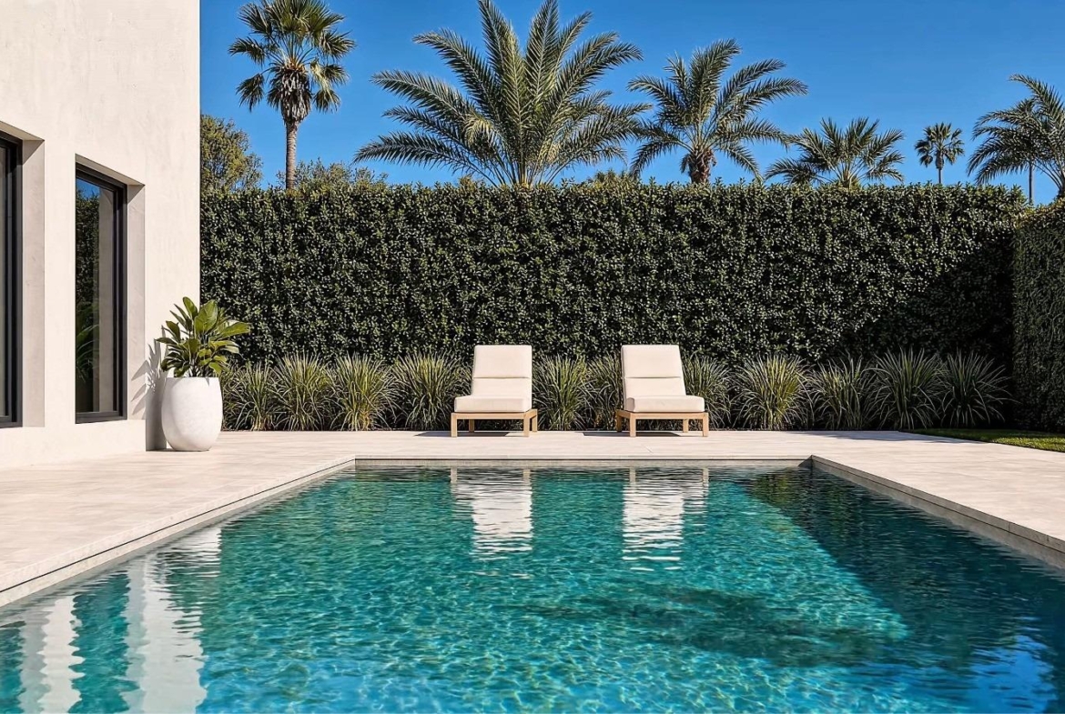 Sun-drenched private pool with elegant loungers at a modern single-storey villa in Lorca, Costa Cálida.