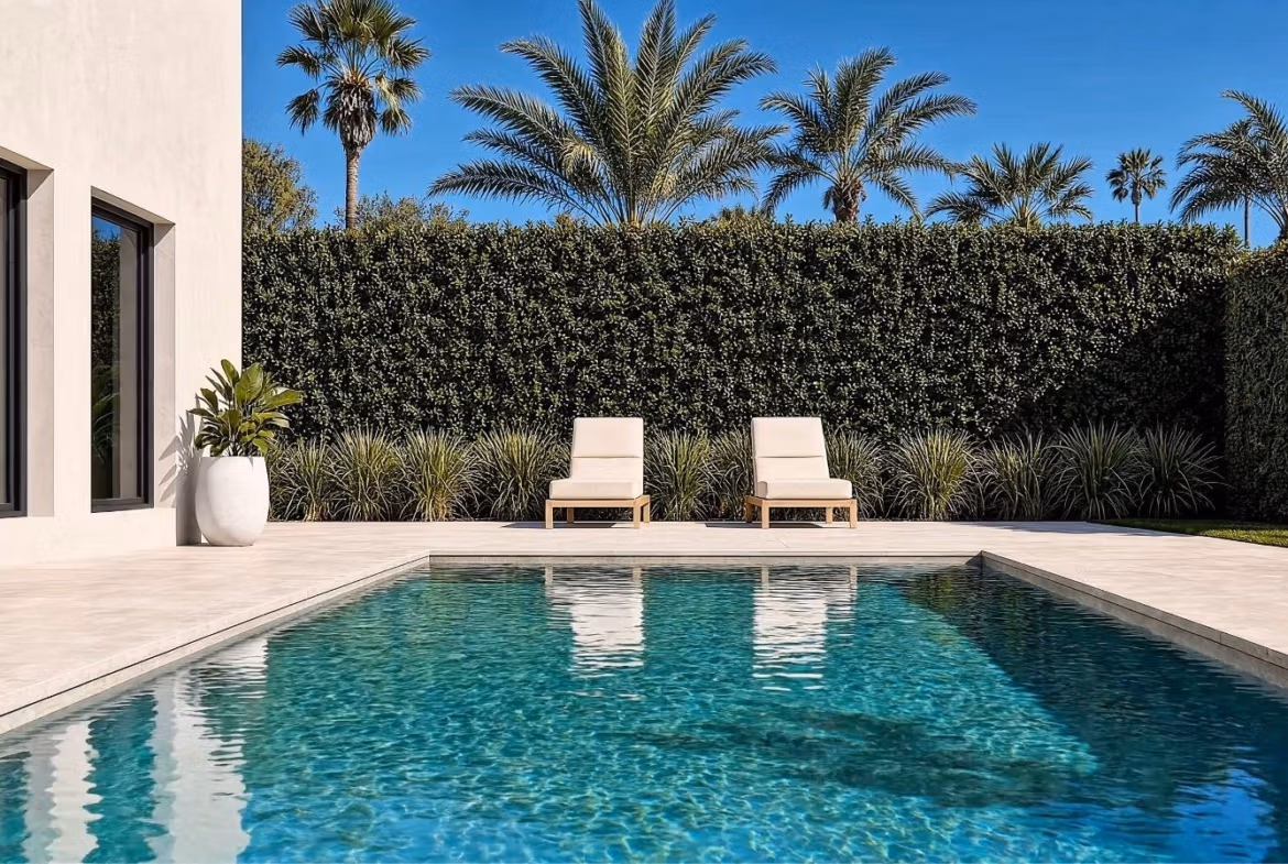 New-Build-Mediterranean-Villas-on-Large-Plots-in-Lorca-Costa-Calida-3 Sun-drenched private pool with elegant loungers at a modern single-storey villa in Lorca, Costa Cálida.