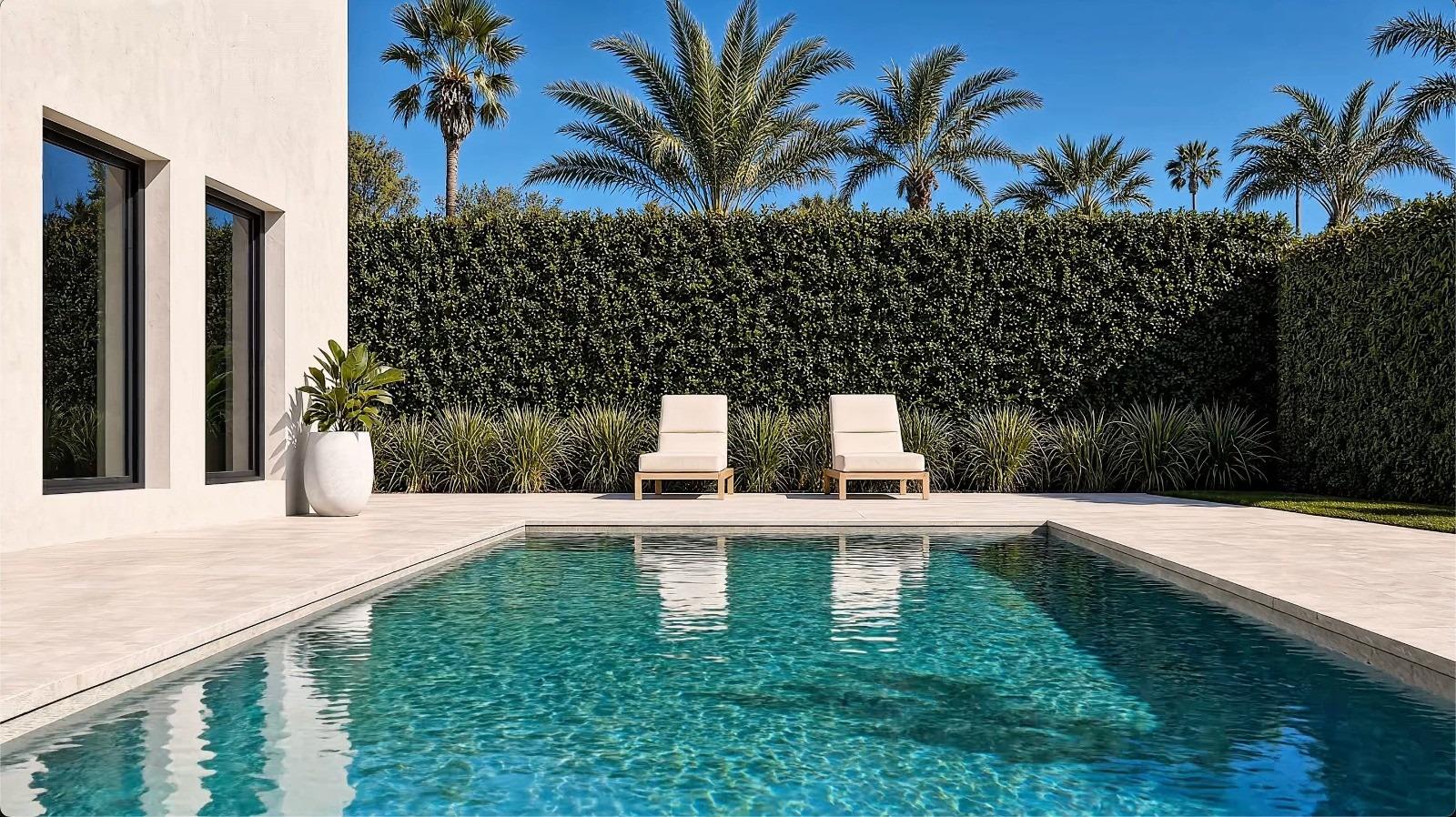 Sun-drenched private pool with elegant loungers at a modern single-storey villa in Lorca, Costa Cálida.