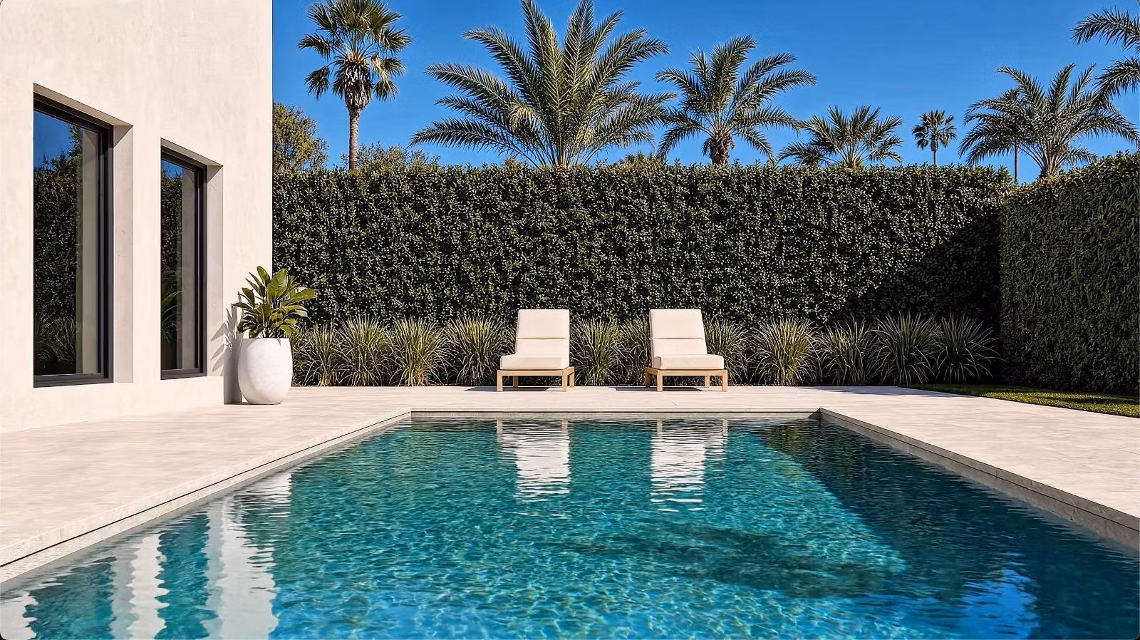 New-Build-Mediterranean-Villas-on-Large-Plots-in-Lorca-Costa-Calida-3 Sun-drenched private pool with elegant loungers at a modern single-storey villa in Lorca, Costa Cálida.