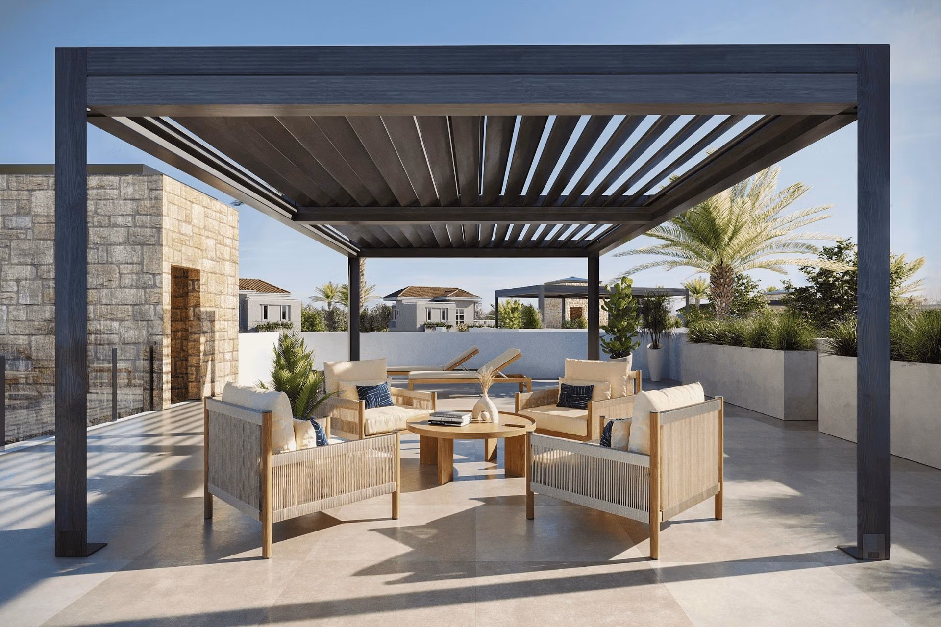 New-Build-Mediterranean-Villas-on-Large-Plots-in-Lorca-Costa-Calida-4 Spacious sun-drenched terrace with elegant loungers and shaded pergola at new build single-storey villa in Lorca, Costa Cálida