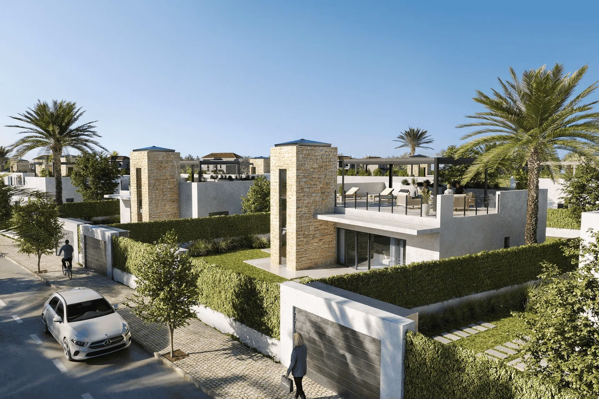 New-Build-Mediterranean-Villas-on-Large-Plots-in-Lorca-Costa-Calida-5 Spacious elegant single-storey villa in Lorca featuring a sun-drenched rooftop terrace surrounded by lush landscaping and palm trees.