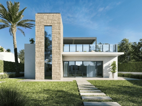 Modern elegant single-storey villa with stone accents and landscaped garden in Lorca, Costa Cálida under a clear blue sky.