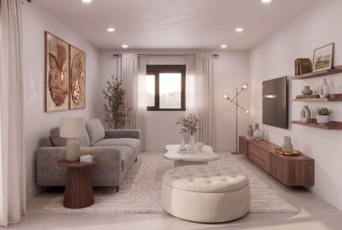 Bright, elegant living room with modern furnishings in a new build single-storey villa in Lorca, Costa Cálida.