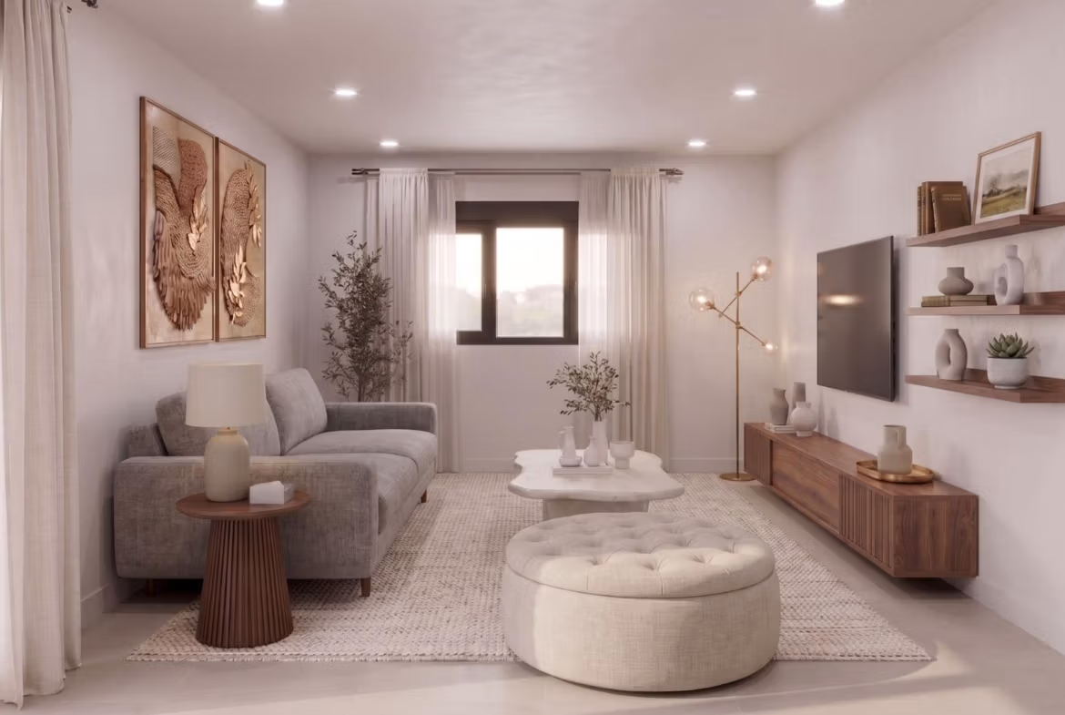 New-Build-Mediterranean-Villas-on-Large-Plots-in-Lorca-Costa-Calida-6 Bright, elegant living room with modern furnishings in a new build single-storey villa in Lorca, Costa Cálida.