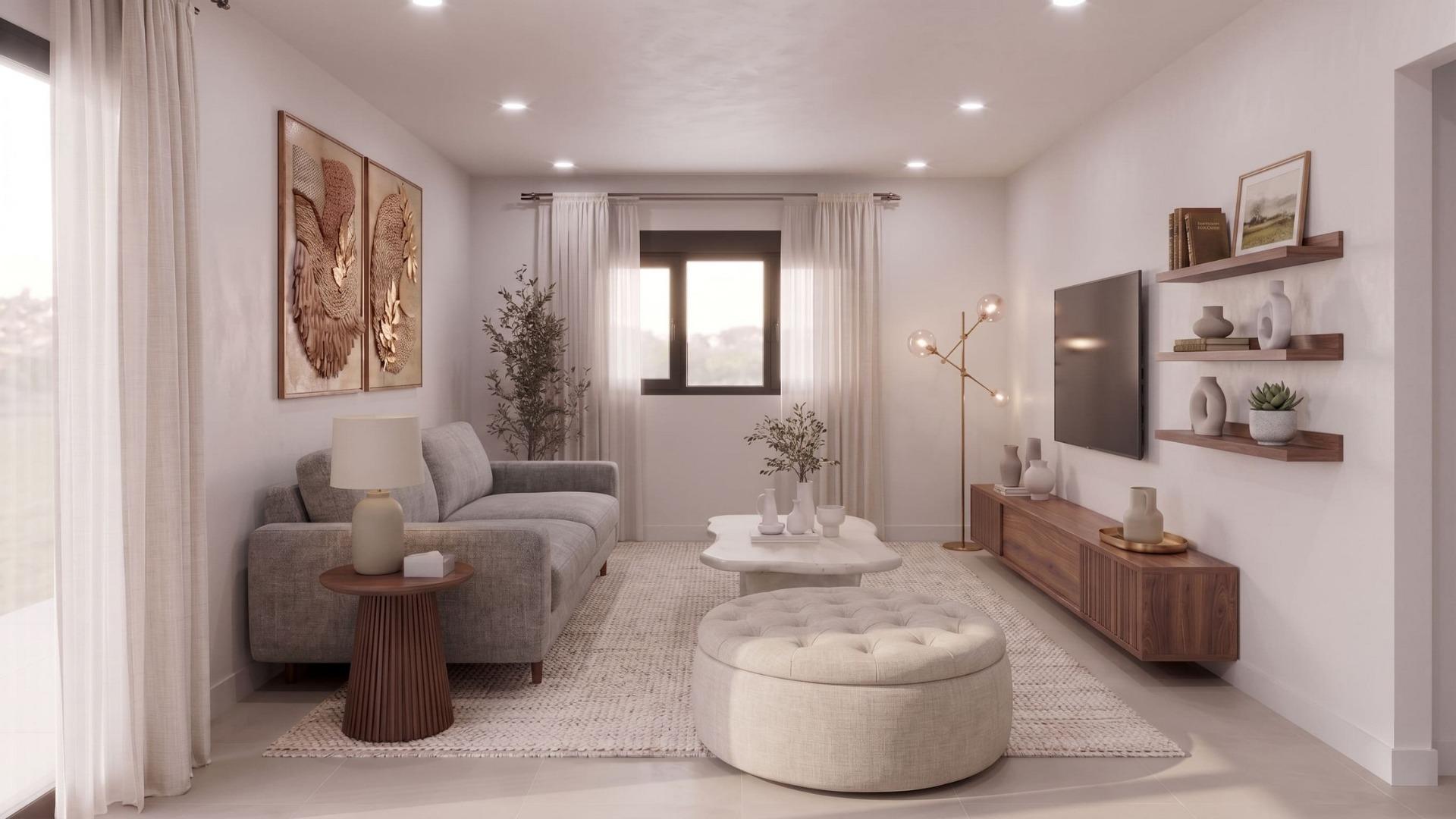 Bright, elegant living room with modern furnishings in a new build single-storey villa in Lorca, Costa Cálida.